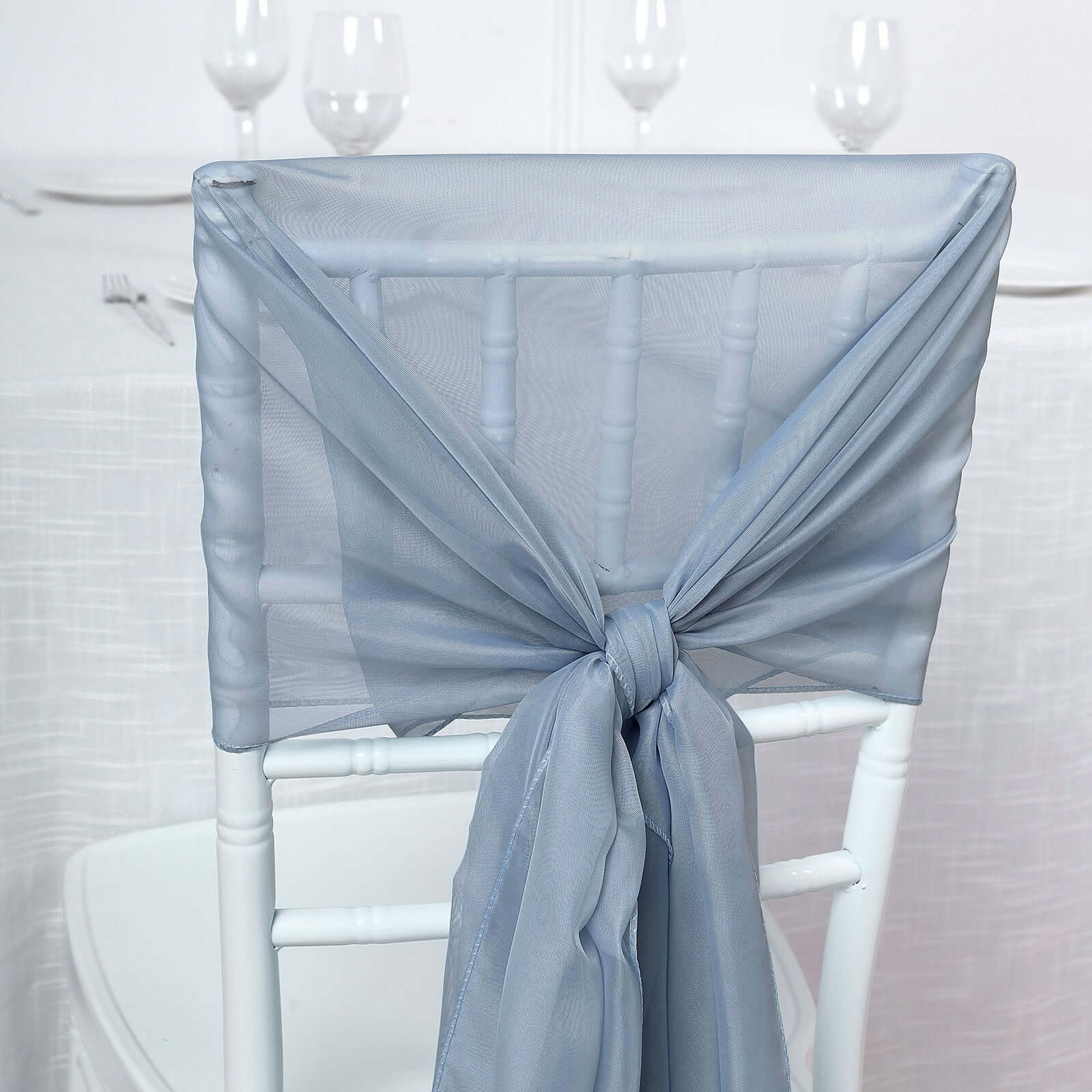 5 Pack Chiffon Chair Sashes Dusty Blue - Soft & Lightweight Designer Chair Bows 22"x78" - Linen Luxes