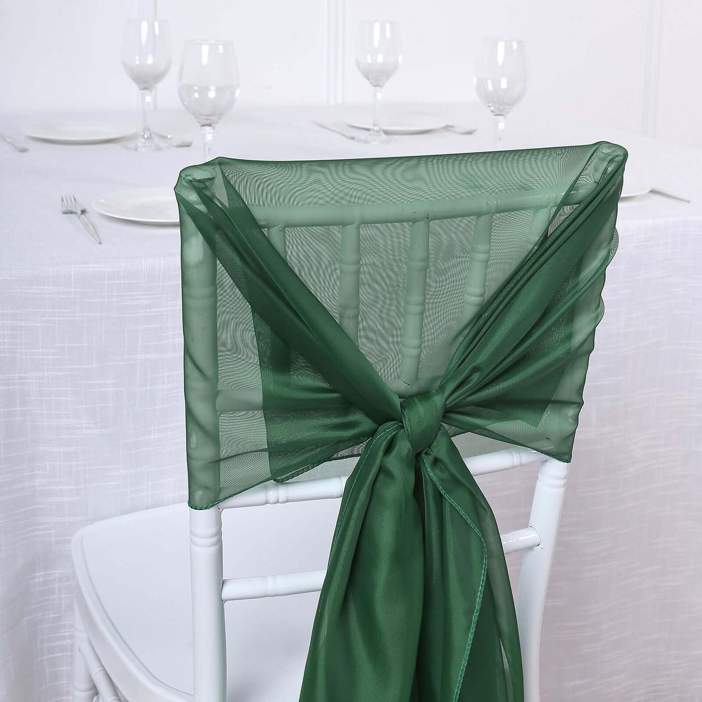 5 Pack Chiffon Chair Sashes Hunter Emerald Green - Soft & Lightweight Designer Chair Bows 22"x78" - Linen Luxes