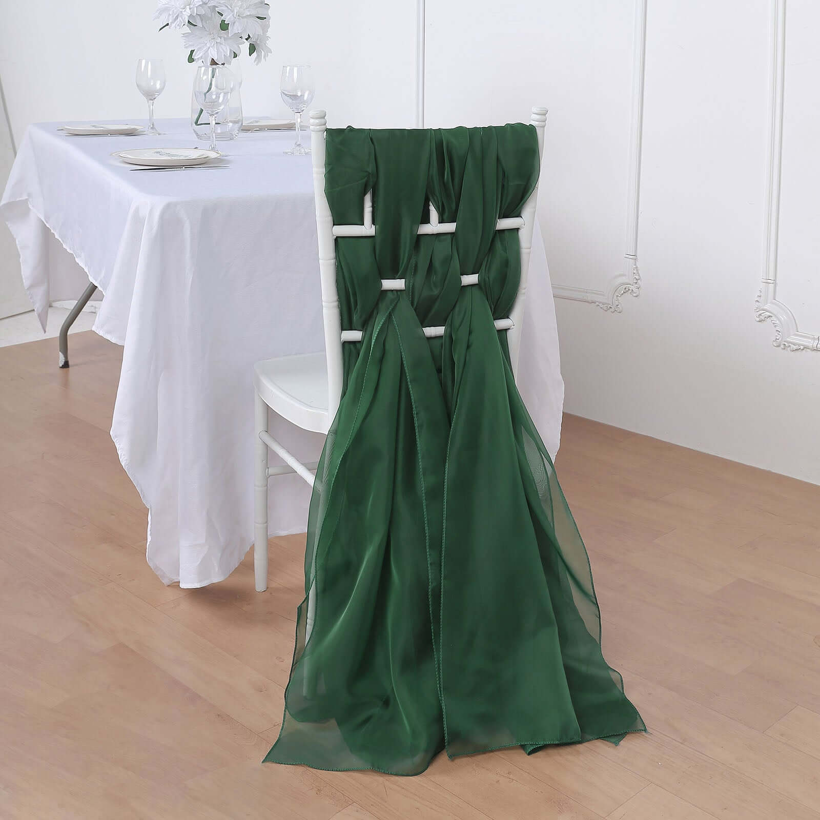 5 Pack Chiffon Chair Sashes Hunter Emerald Green - Soft & Lightweight Designer Chair Bows 22"x78" - Linen Luxes