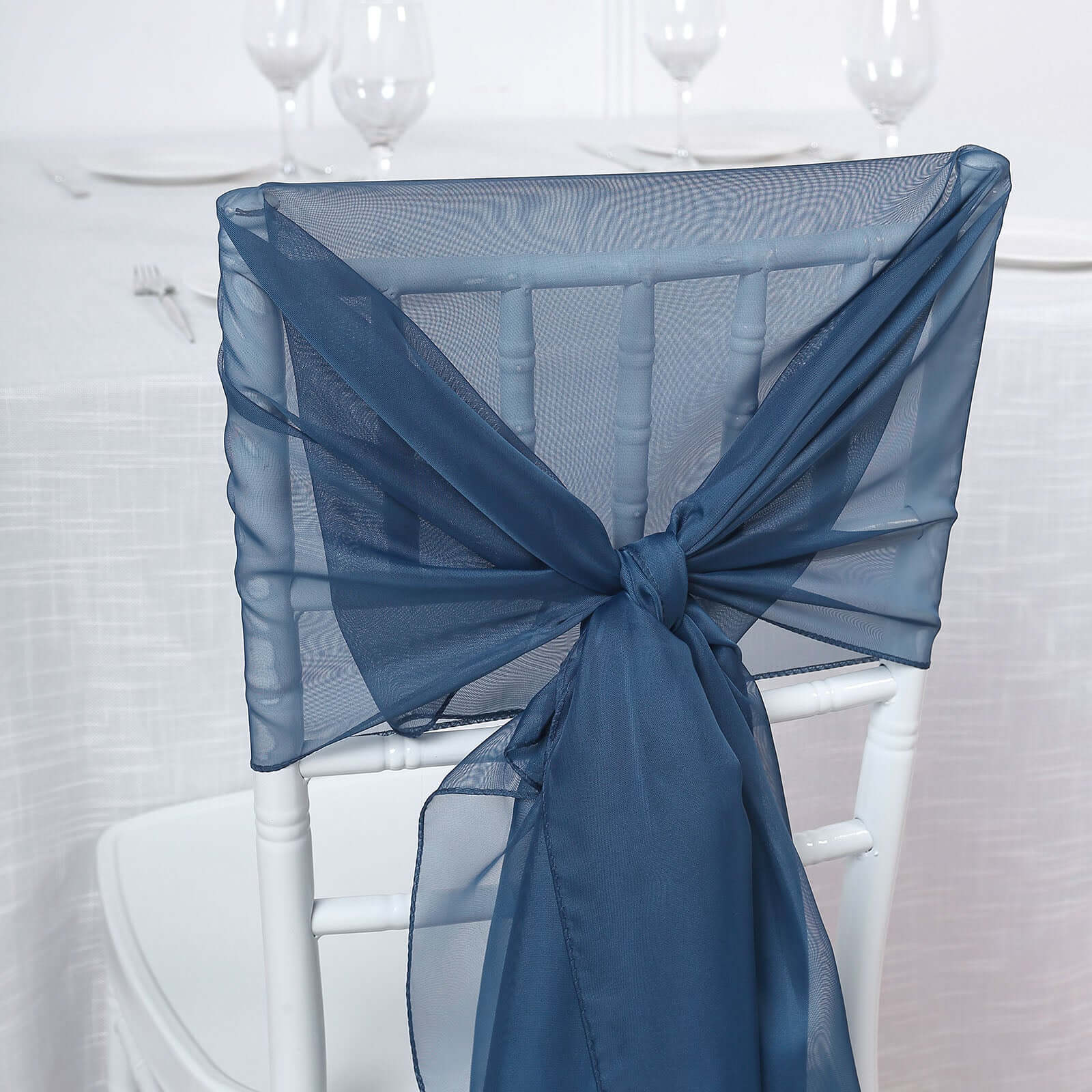 5 Pack Chiffon Chair Sashes Navy Blue - Soft & Lightweight Designer Chair Bows 22"x78" - Linen Luxes