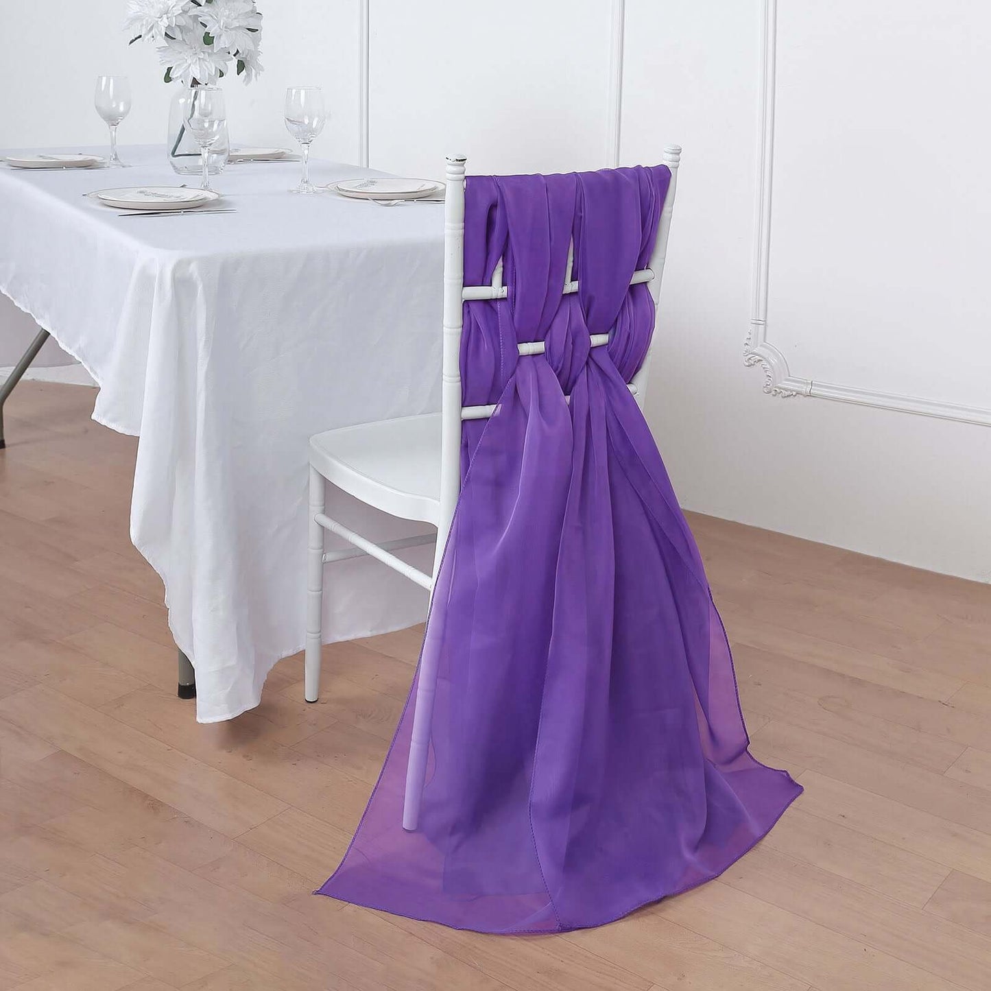5 Pack Chiffon Chair Sashes Purple - Soft & Lightweight Designer Chair Bows 22"x78" - Linen Luxes