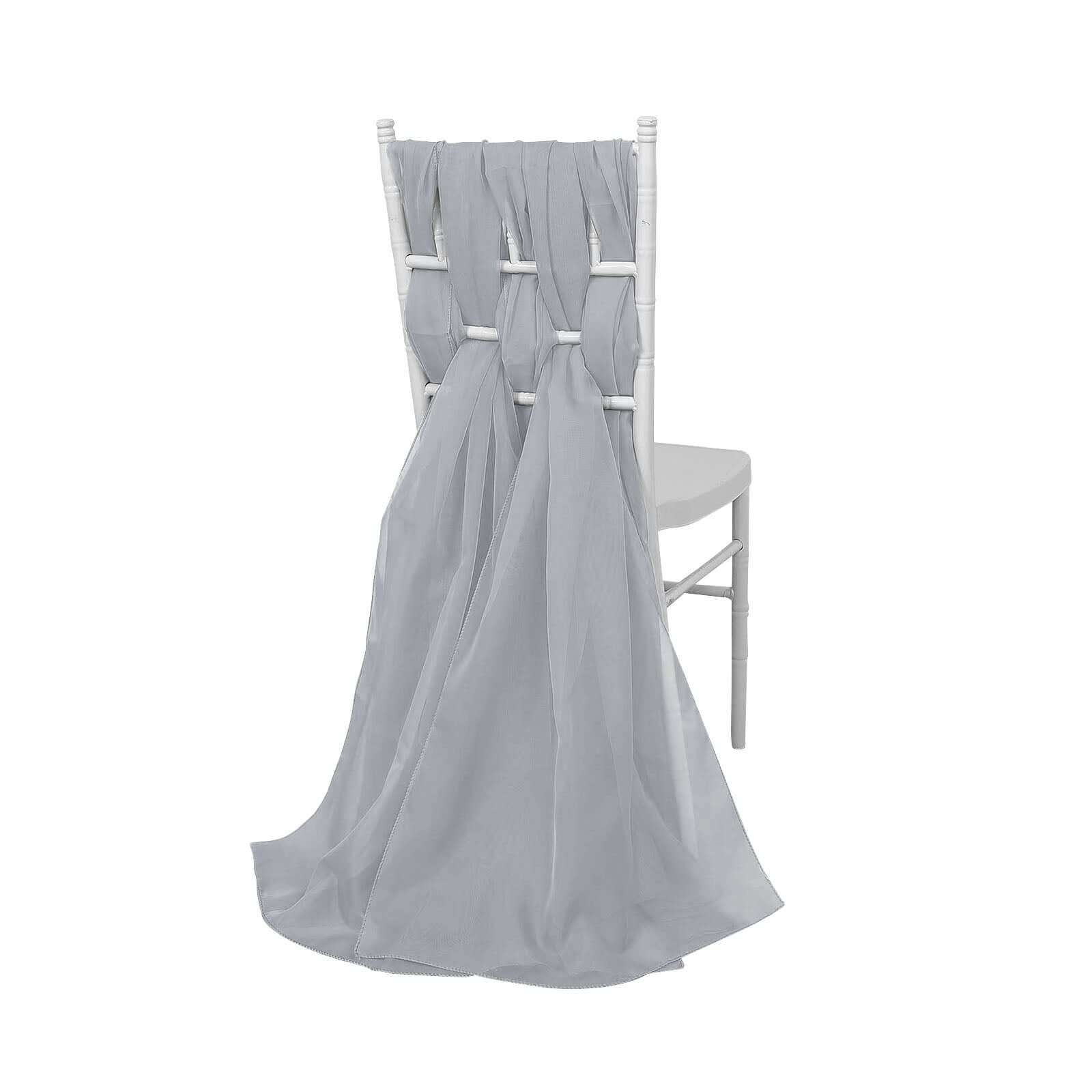 5 Pack Chiffon Chair Sashes SIlver - Soft & Lightweight Designer Chair Bows 22"x78" - Linen Luxes