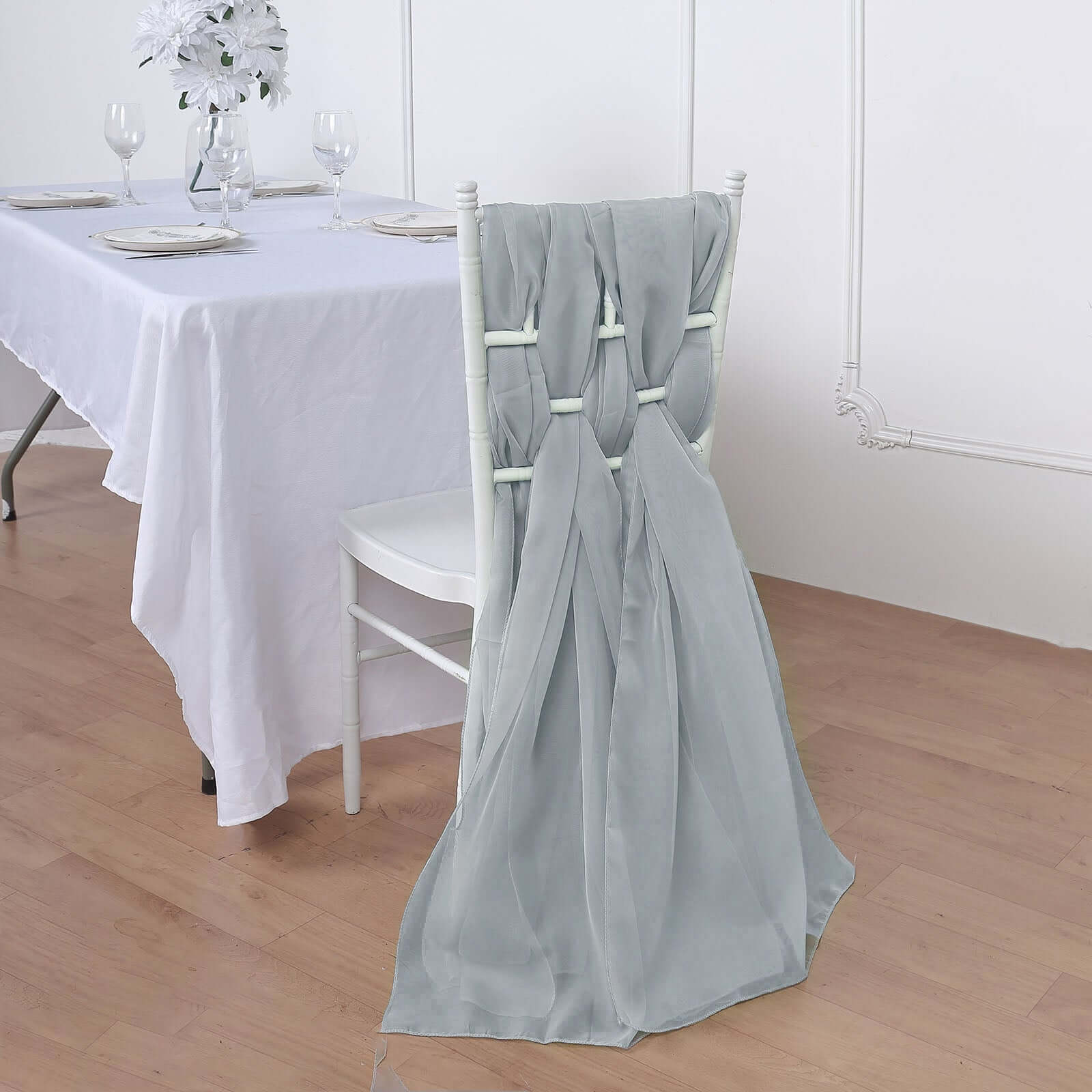 5 Pack Chiffon Chair Sashes SIlver - Soft & Lightweight Designer Chair Bows 22"x78" - Linen Luxes