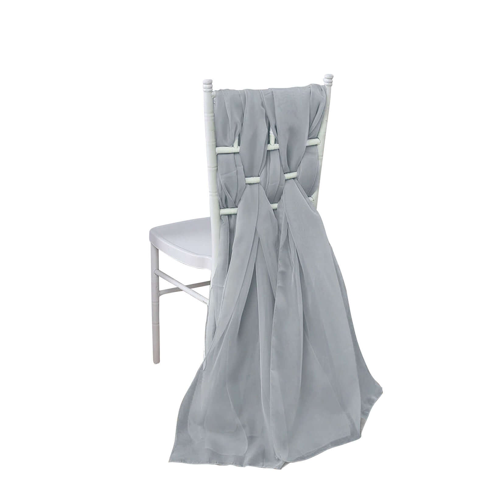 5 Pack Chiffon Chair Sashes SIlver - Soft & Lightweight Designer Chair Bows 22"x78" - Linen Luxes