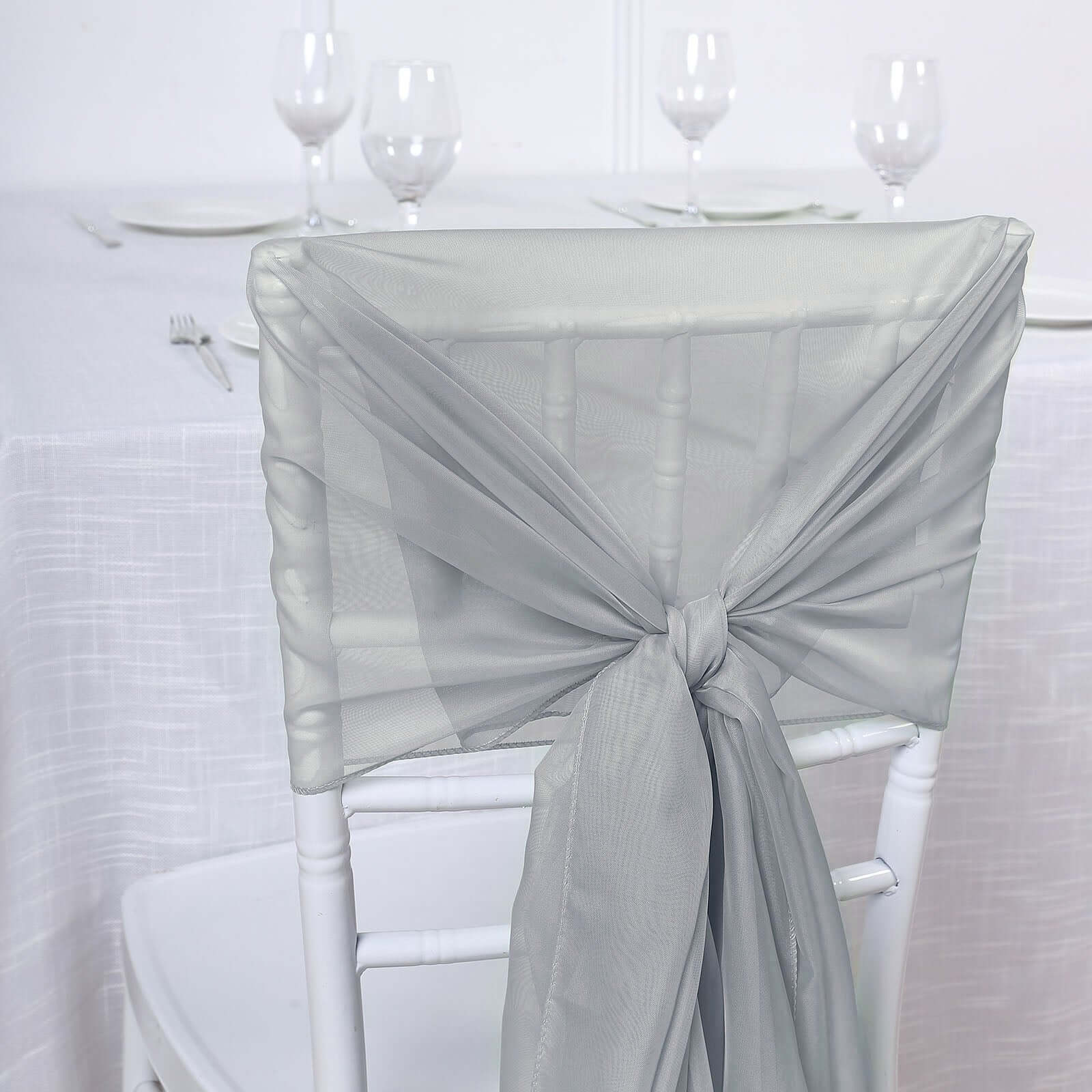 5 Pack Chiffon Chair Sashes SIlver - Soft & Lightweight Designer Chair Bows 22"x78" - Linen Luxes