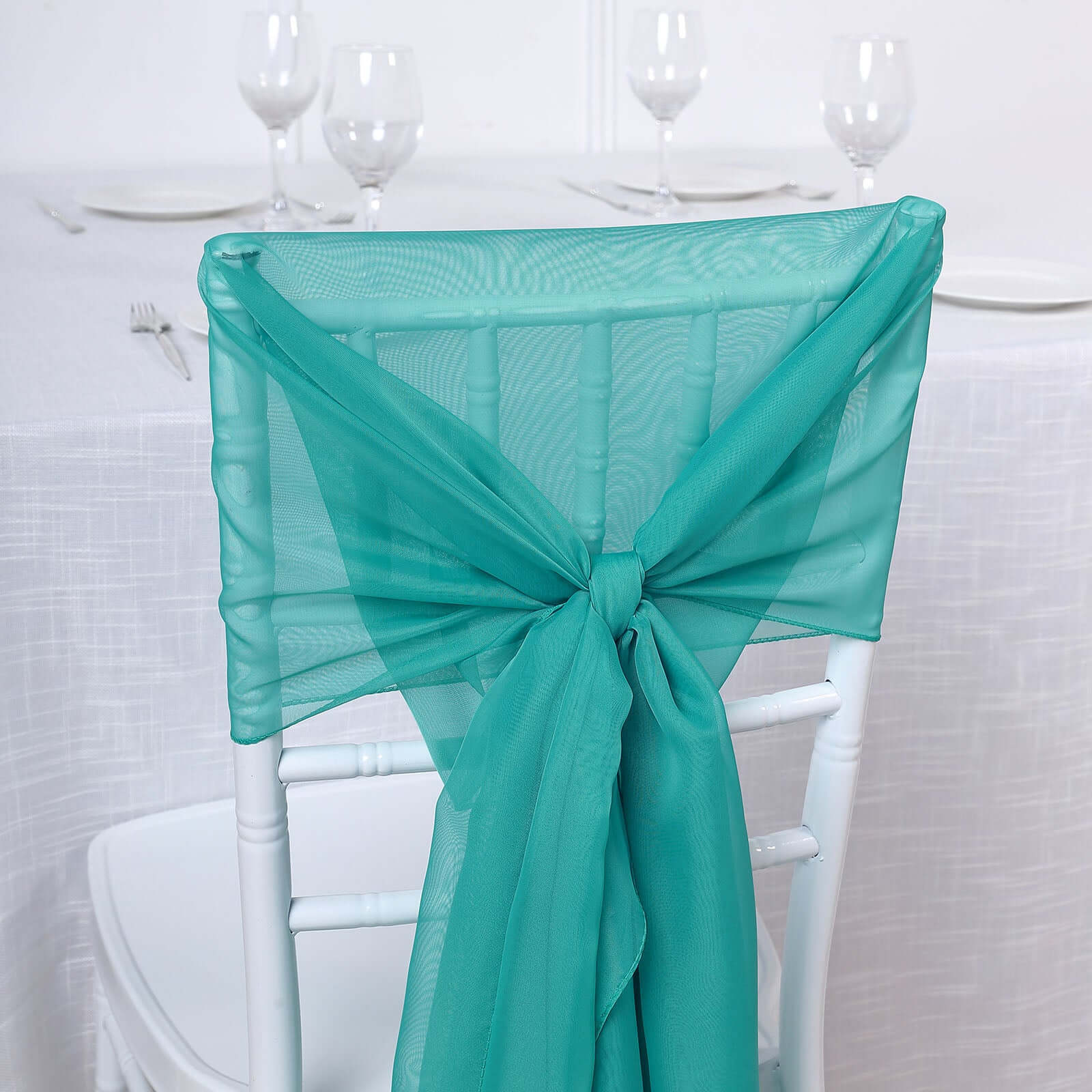 5 Pack Chiffon Chair Sashes Turquoise - Soft & Lightweight Designer Chair Bows 22"x78" - Linen Luxes