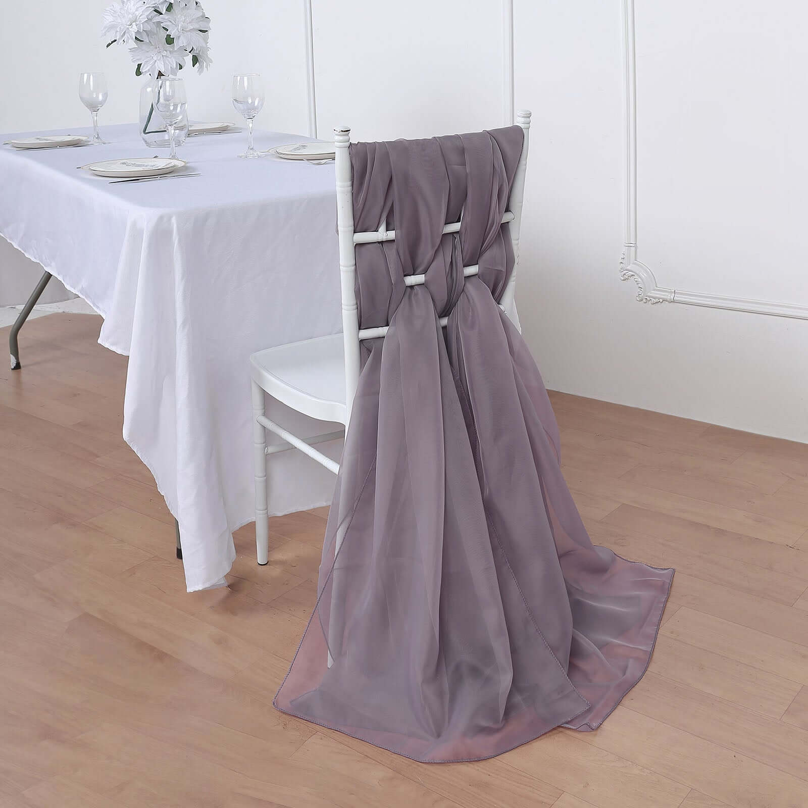 5 Pack Chiffon Chair Sashes Violet Amethyst - Soft & Lightweight Designer Chair Bows 22"x78" - Linen Luxes