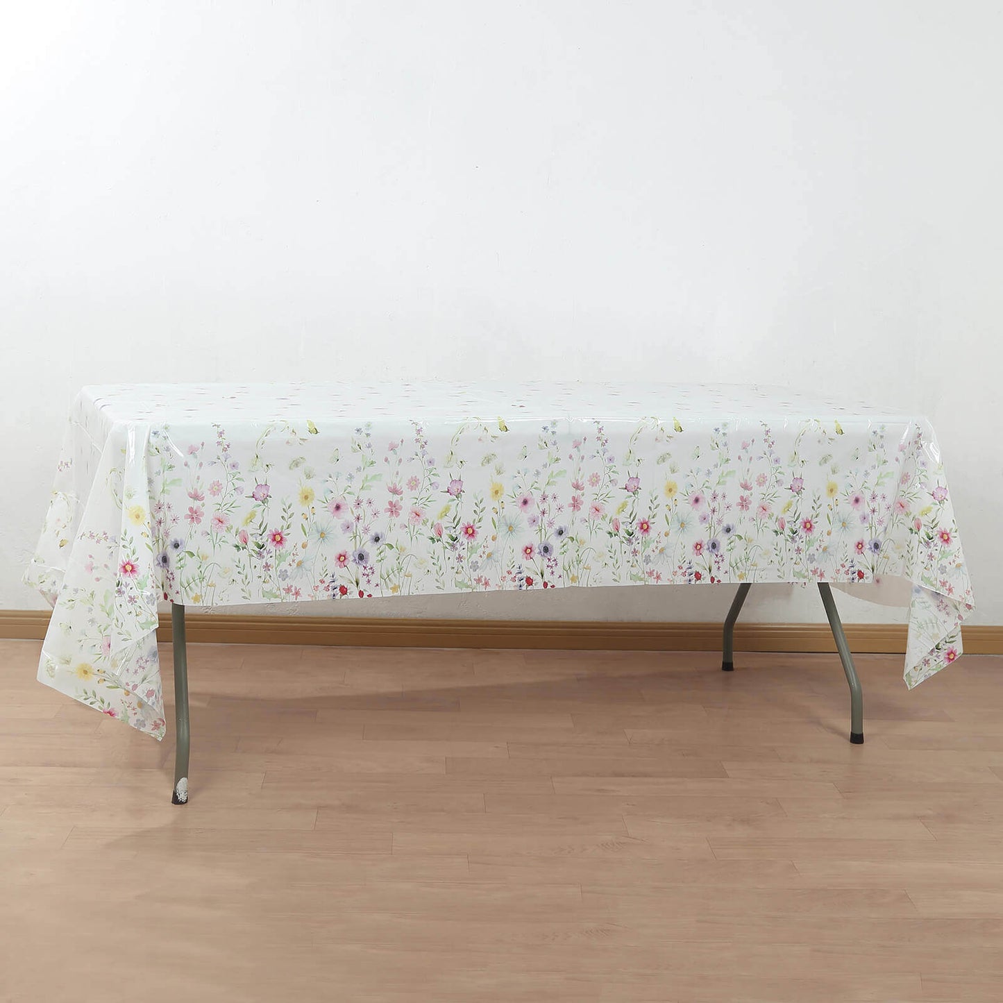 5-Pack Plastic Tablecloths White/Green Spring Floral Rectangle with Wild Flowers Butterfly Print - Durable PVC Disposable Table Covers 54"x108"