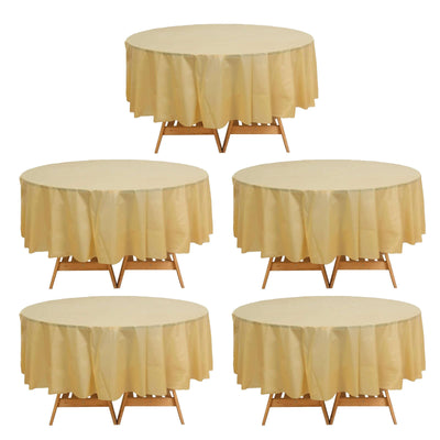 5-Pack Plastic Table Covers Gold Round - Durable PVC Disposable Tablecloths for Events 84"