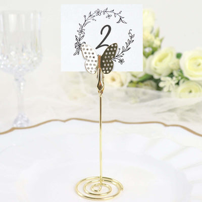 5-Pack Metal Place Card Holders Gold - Modern Table Number Stands with Whimsical Butterfly Clips & Spiral Base for Signs Memos Photos Menus 5"