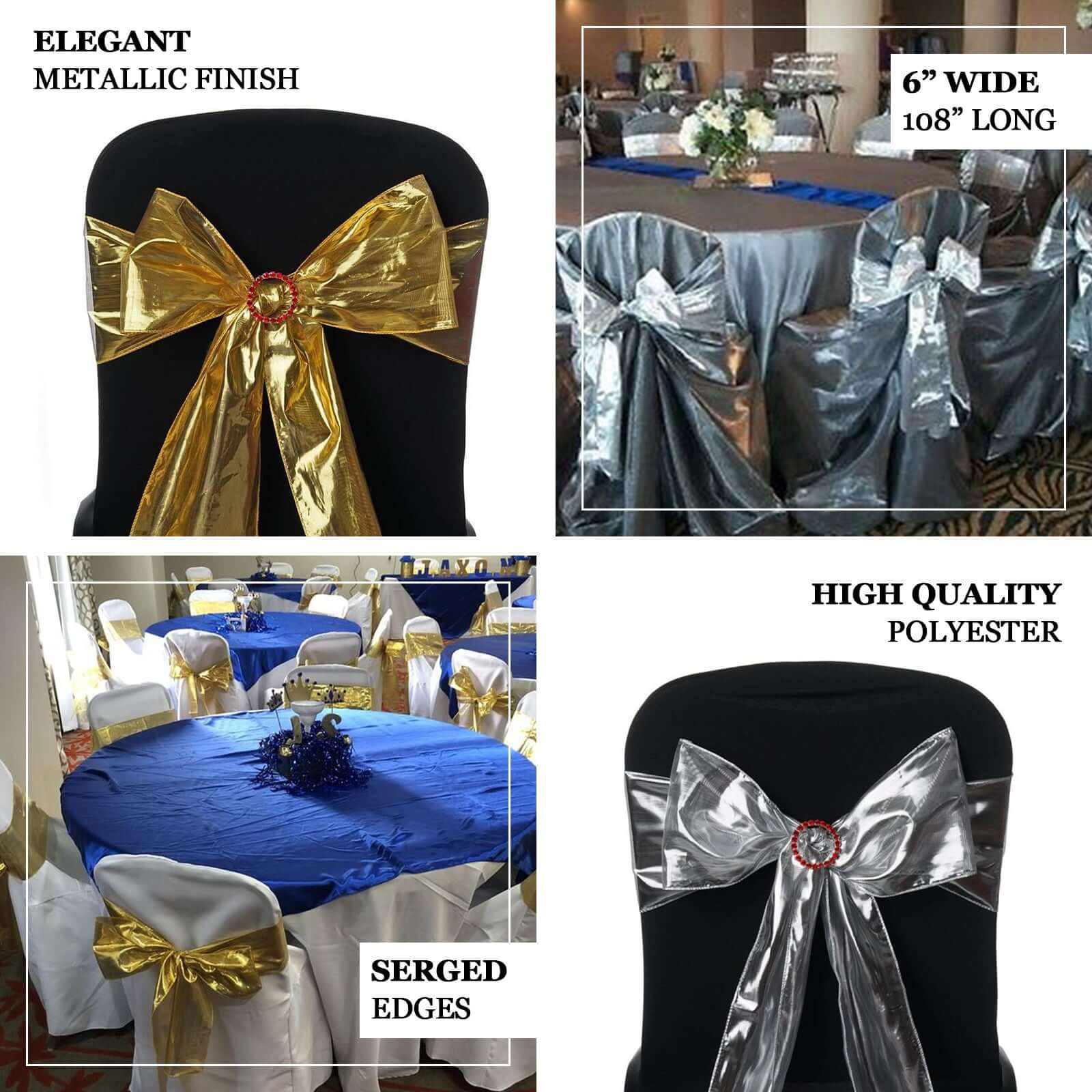 5 Pack Metallic Polyester Lame Chair Sashes with Shiny Gold Foil Finish - Dazzling Chair Decor for Weddings, Parties & Events 6"x108" - Linen Luxes