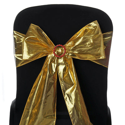 5 Pack Metallic Polyester Lame Chair Sashes with Shiny Gold Foil Finish - Dazzling Chair Decor for Weddings, Parties & Events 6"x108" - Linen Luxes
