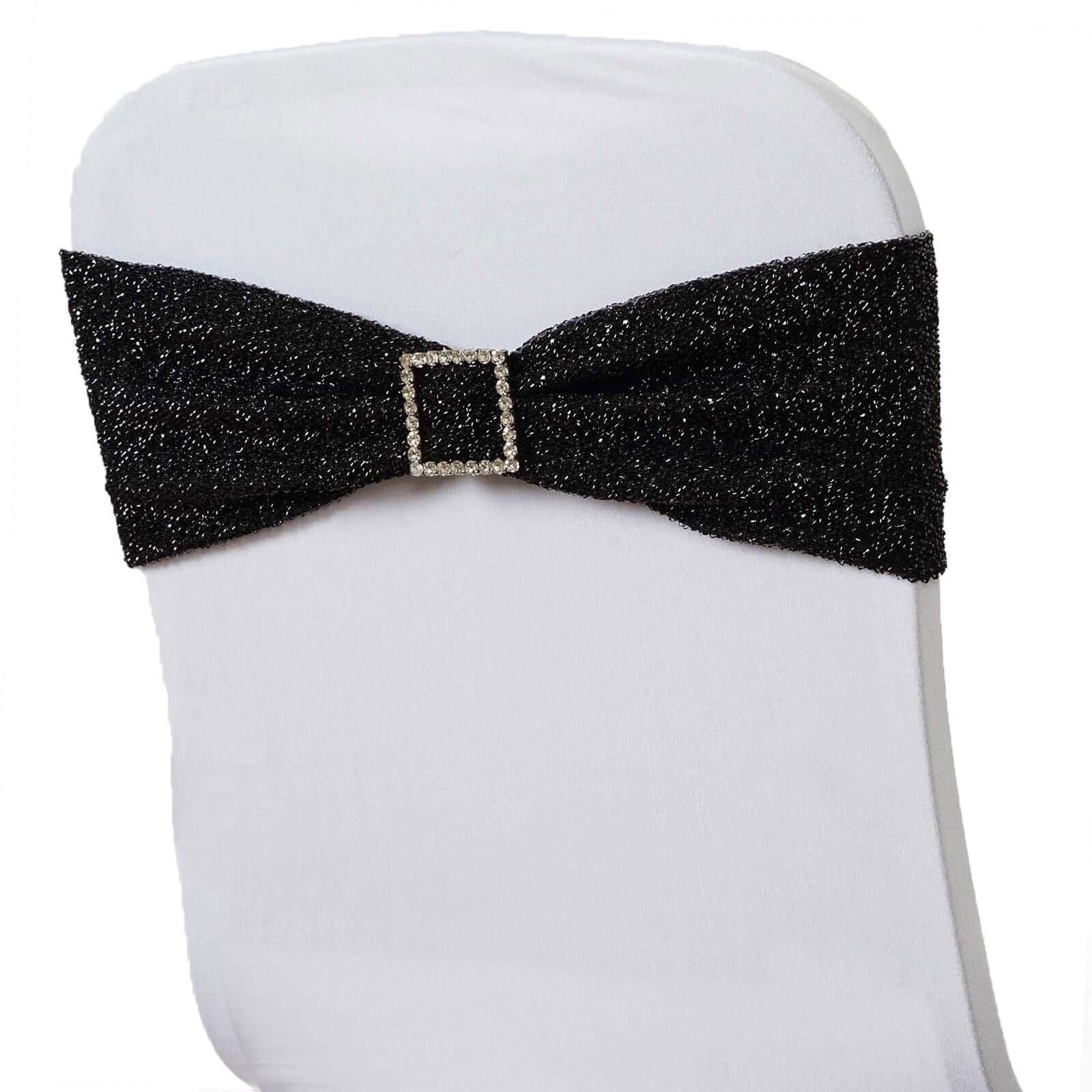 5 Pack Metallic Shimmer Tinsel Spandex Chair Sashes Black - Durable and Reusable Stretch Chair Bands for Dazzling Event & Party Decor - Linen Luxes