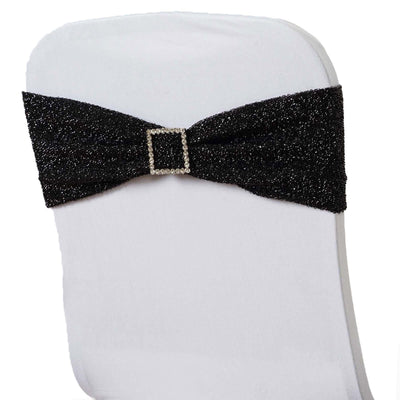 5 Pack Metallic Shimmer Tinsel Spandex Chair Sashes Black - Durable and Reusable Stretch Chair Bands for Dazzling Event & Party Decor - Linen Luxes