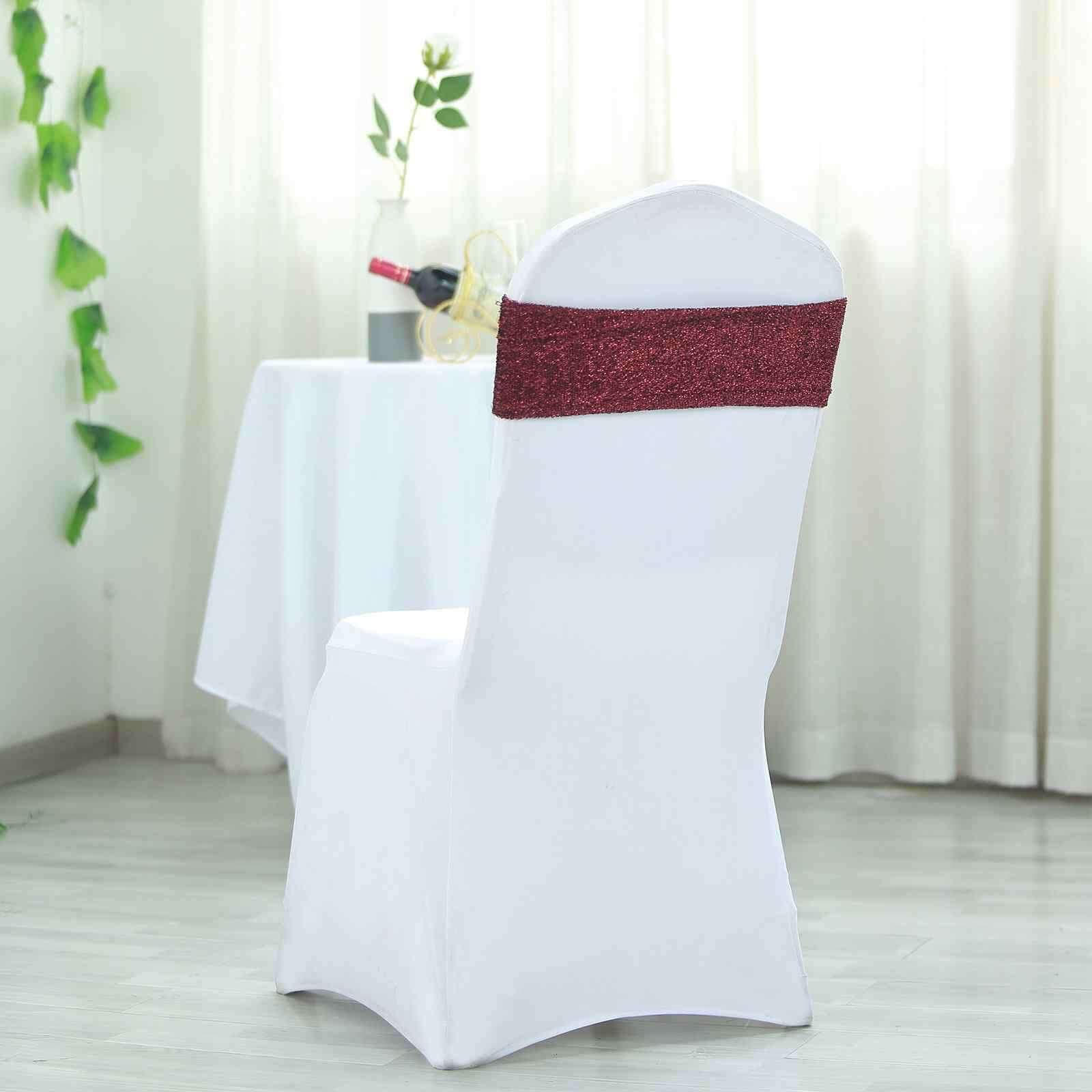 5 Pack Metallic Shimmer Tinsel Spandex Chair Sashes Burgundy - Durable and Reusable Stretch Chair Bands - Linen Luxes