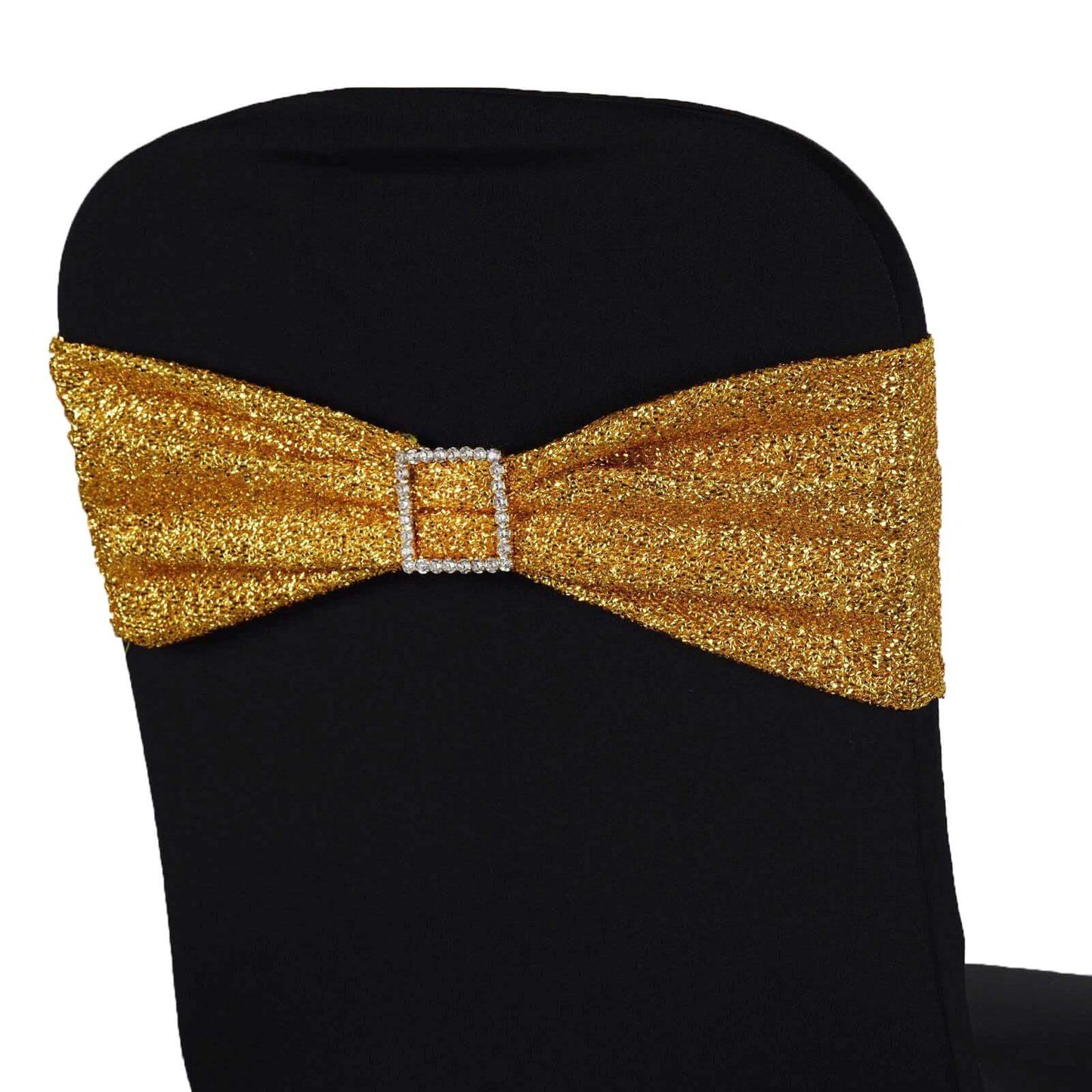 5 Pack Metallic Shimmer Tinsel Spandex Chair Sashes Gold - Durable and Reusable Stretch Chair Bands for Dazzling Event & Party Decor - Linen Luxes