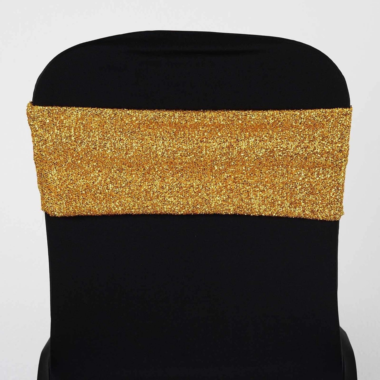 5 Pack Metallic Shimmer Tinsel Spandex Chair Sashes Gold - Durable and Reusable Stretch Chair Bands for Dazzling Event & Party Decor - Linen Luxes