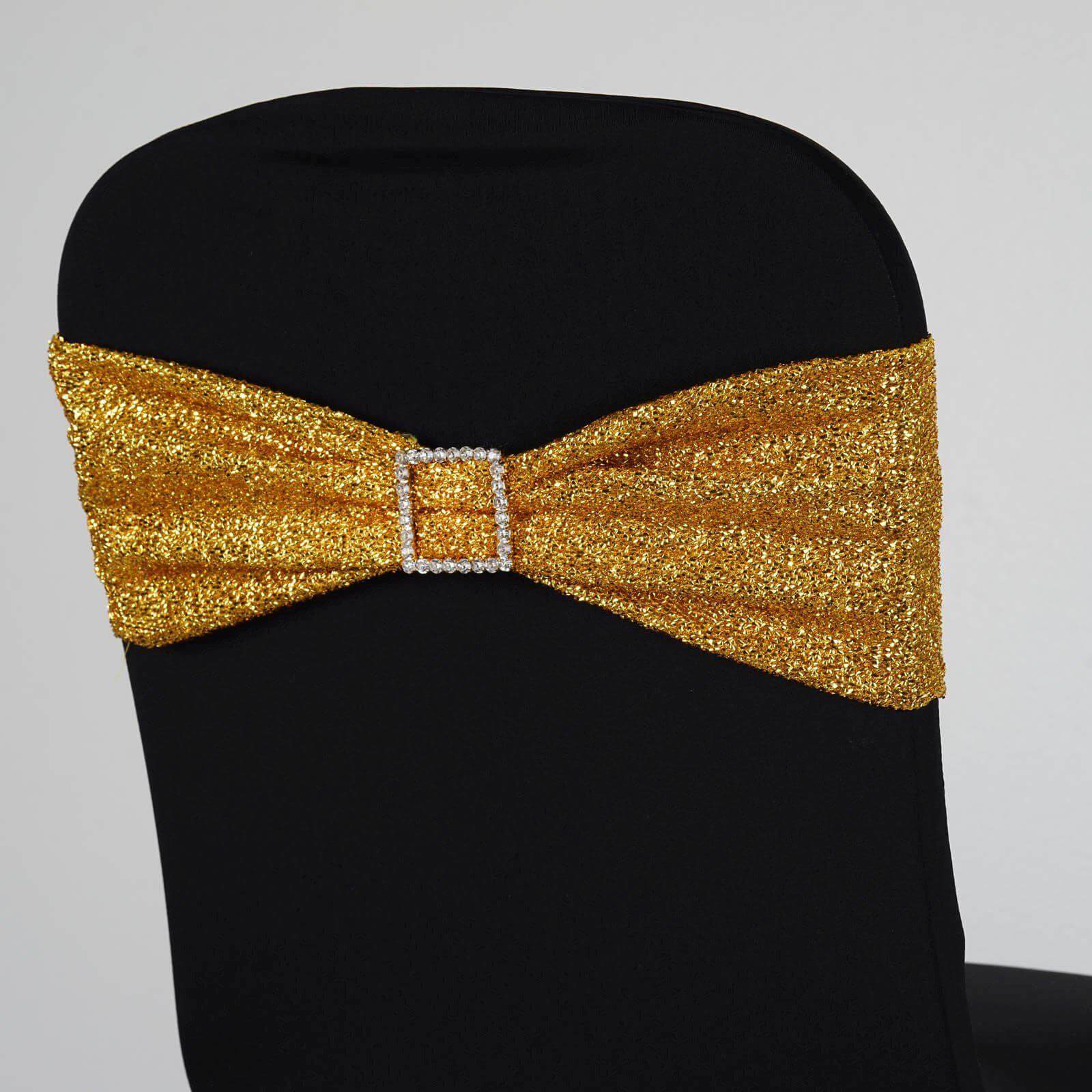 5 Pack Metallic Shimmer Tinsel Spandex Chair Sashes Gold - Durable and Reusable Stretch Chair Bands for Dazzling Event & Party Decor - Linen Luxes
