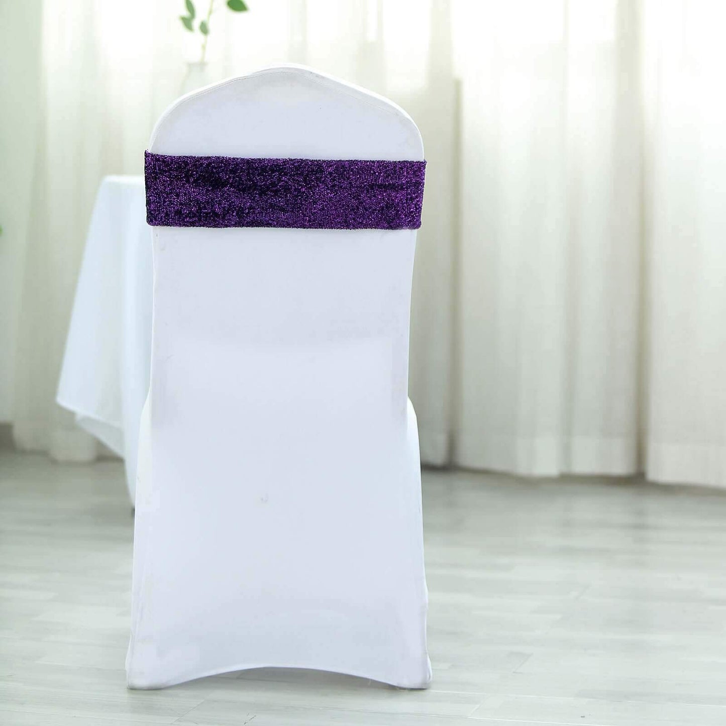 5 Pack Metallic Shimmer Tinsel Spandex Chair Sashes Purple - Durable and Reusable Stretch Chair Bands - Linen Luxes