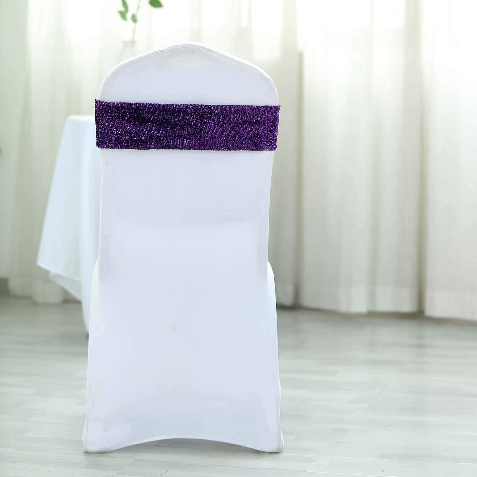 5 Pack Metallic Shimmer Tinsel Spandex Chair Sashes Purple - Durable and Reusable Stretch Chair Bands - Linen Luxes