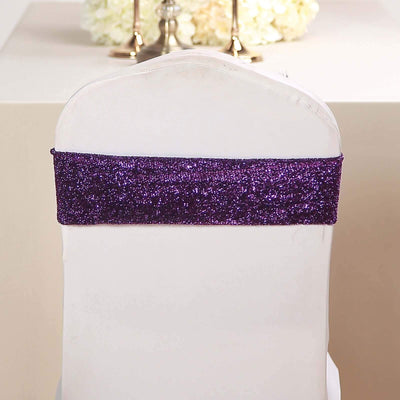 5 Pack Metallic Shimmer Tinsel Spandex Chair Sashes Purple - Durable and Reusable Stretch Chair Bands - Linen Luxes