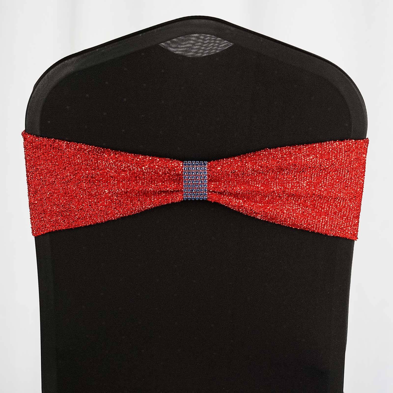 5 Pack Metallic Shimmer Tinsel Spandex Chair Sashes Red - Durable and Reusable Stretch Chair Bands - Linen Luxes