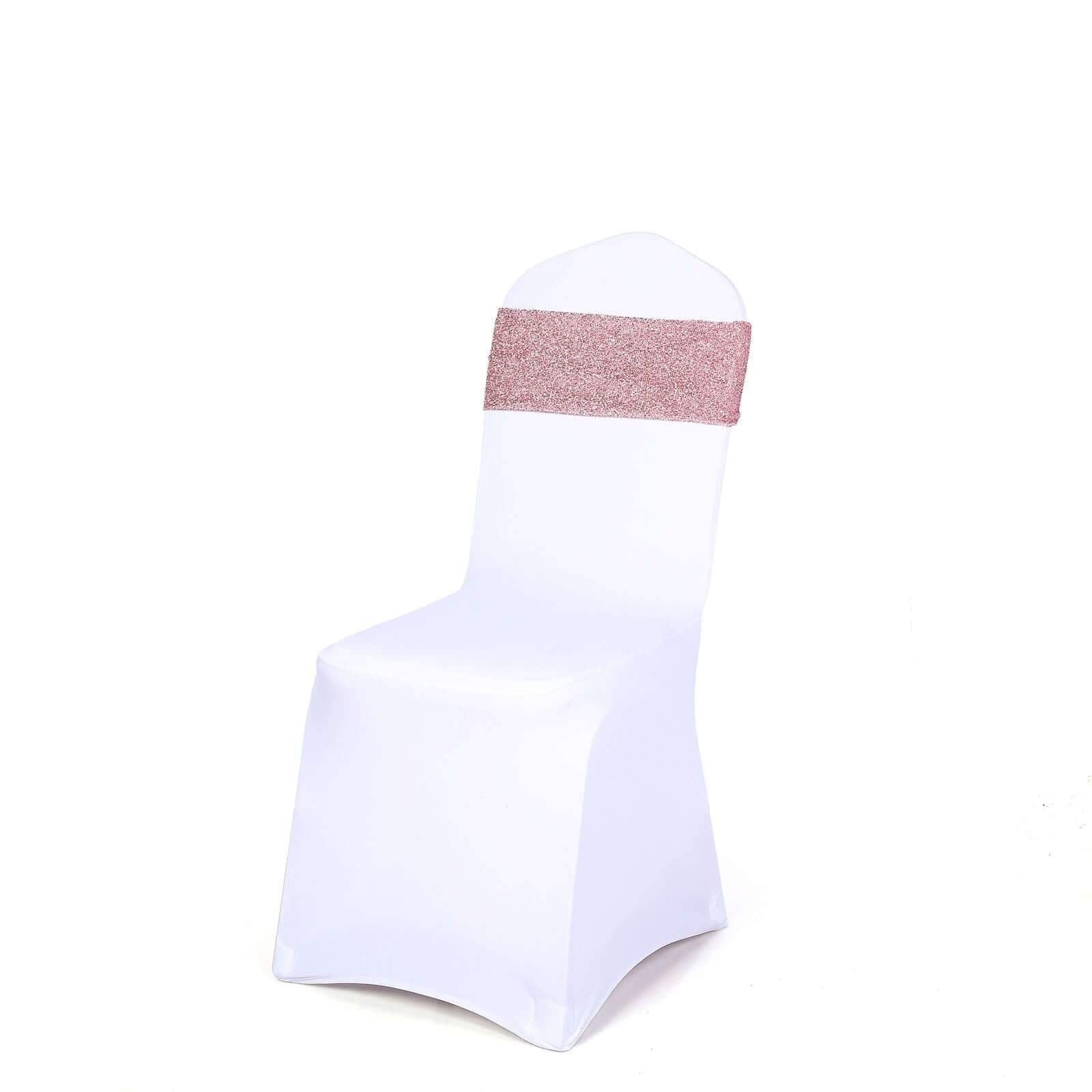 5 Pack Metallic Shimmer Tinsel Spandex Chair Sashes Rose Gold - Durable and Reusable Stretch Chair Bands - Linen Luxes