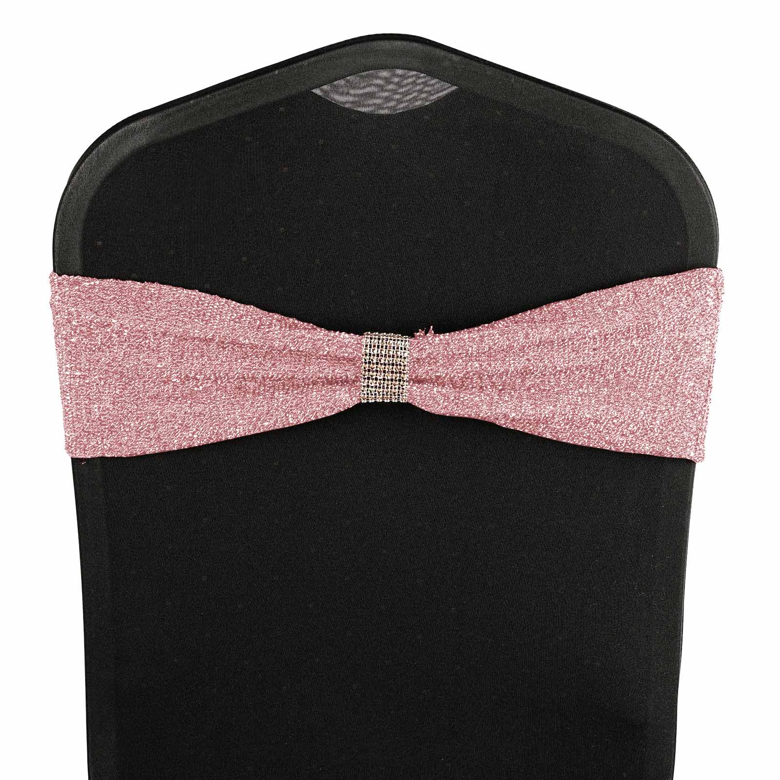 5 Pack Metallic Shimmer Tinsel Spandex Chair Sashes Rose Gold - Durable and Reusable Stretch Chair Bands - Linen Luxes