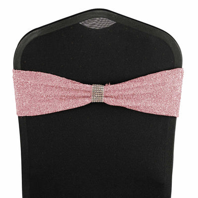 5 Pack Metallic Shimmer Tinsel Spandex Chair Sashes Rose Gold - Durable and Reusable Stretch Chair Bands - Linen Luxes