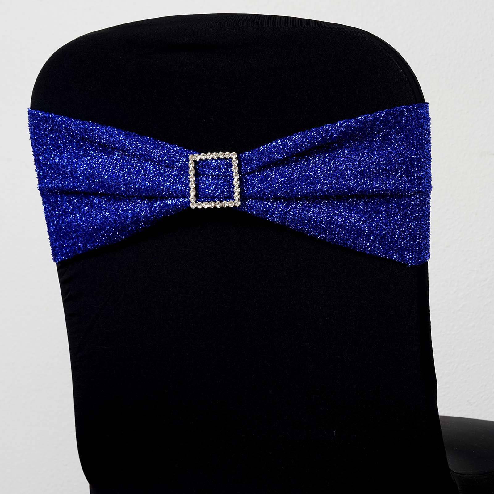 5 Pack Metallic Shimmer Tinsel Spandex Chair Sashes Royal Blue - Durable and Reusable Stretch Chair Bands - Linen Luxes