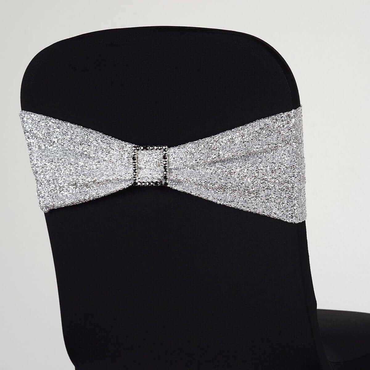 5 Pack Metallic Shimmer Tinsel Spandex Chair Sashes Silver - Durable and Reusable Stretch Chair Bands - Linen Luxes