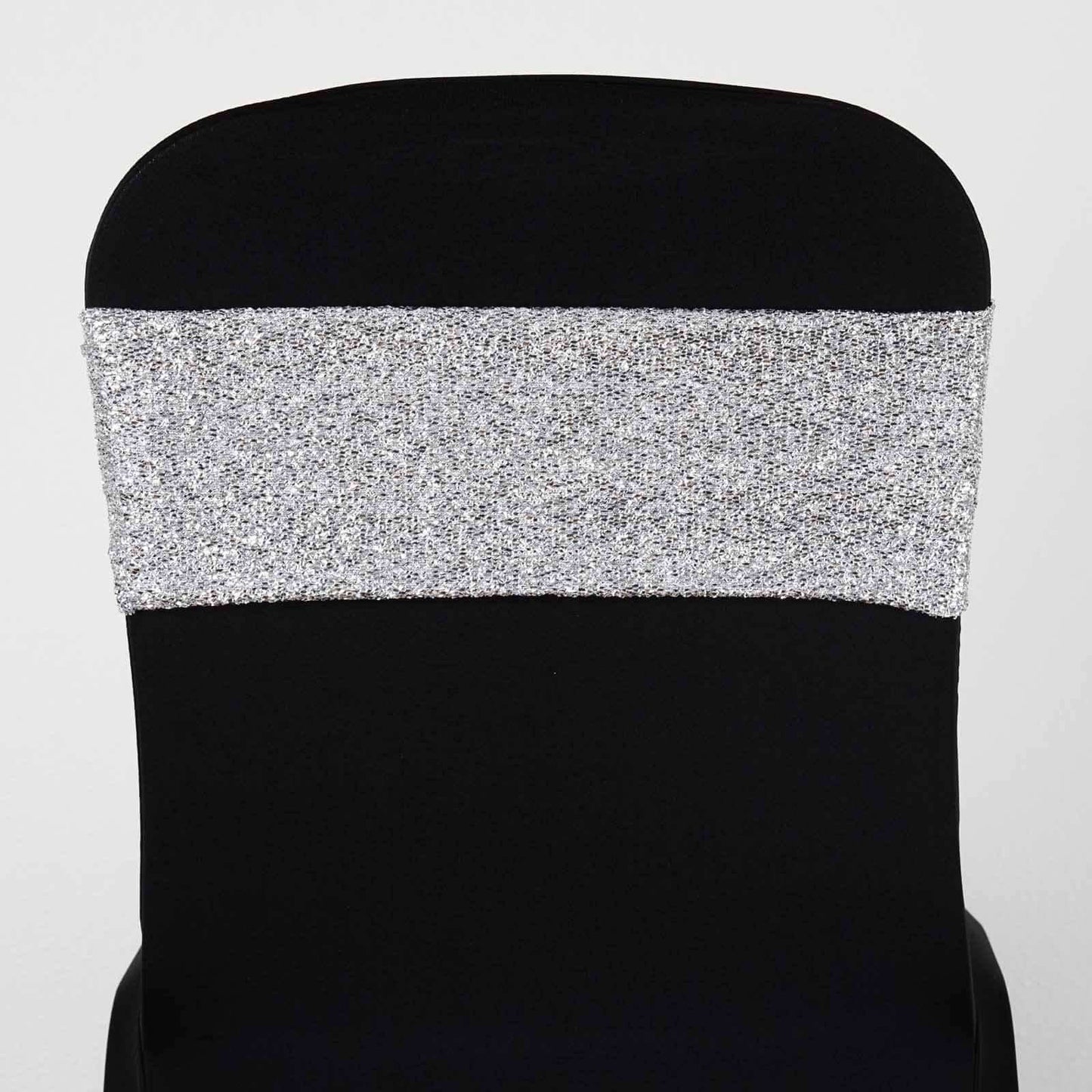 5 Pack Metallic Shimmer Tinsel Spandex Chair Sashes Silver - Durable and Reusable Stretch Chair Bands - Linen Luxes