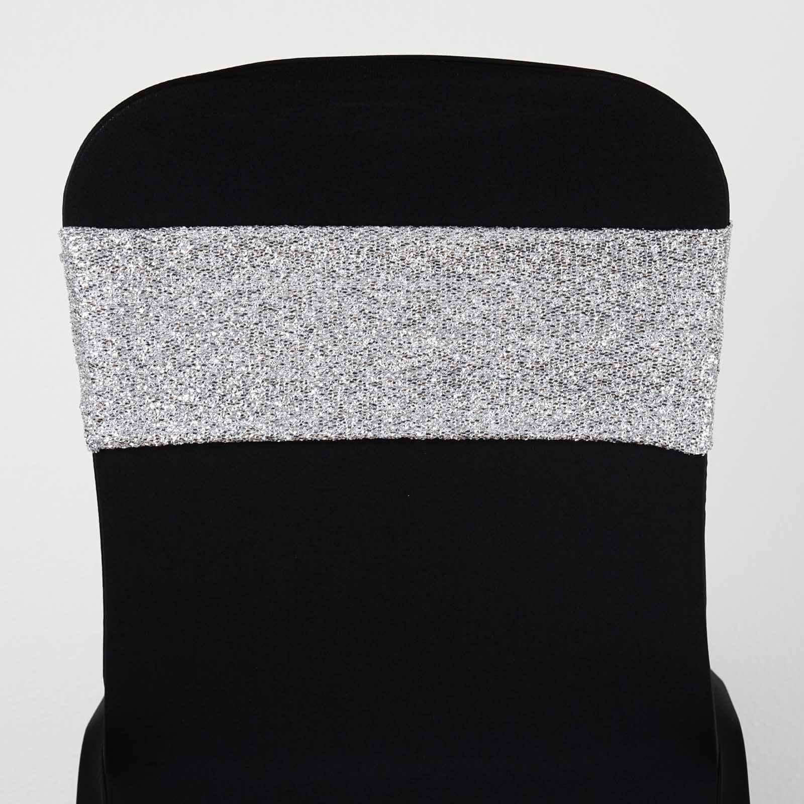 5 Pack Metallic Shimmer Tinsel Spandex Chair Sashes Silver - Durable and Reusable Stretch Chair Bands - Linen Luxes