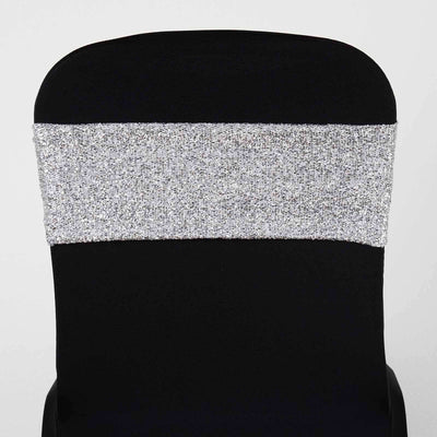 5 Pack Metallic Shimmer Tinsel Spandex Chair Sashes Silver - Durable and Reusable Stretch Chair Bands - Linen Luxes