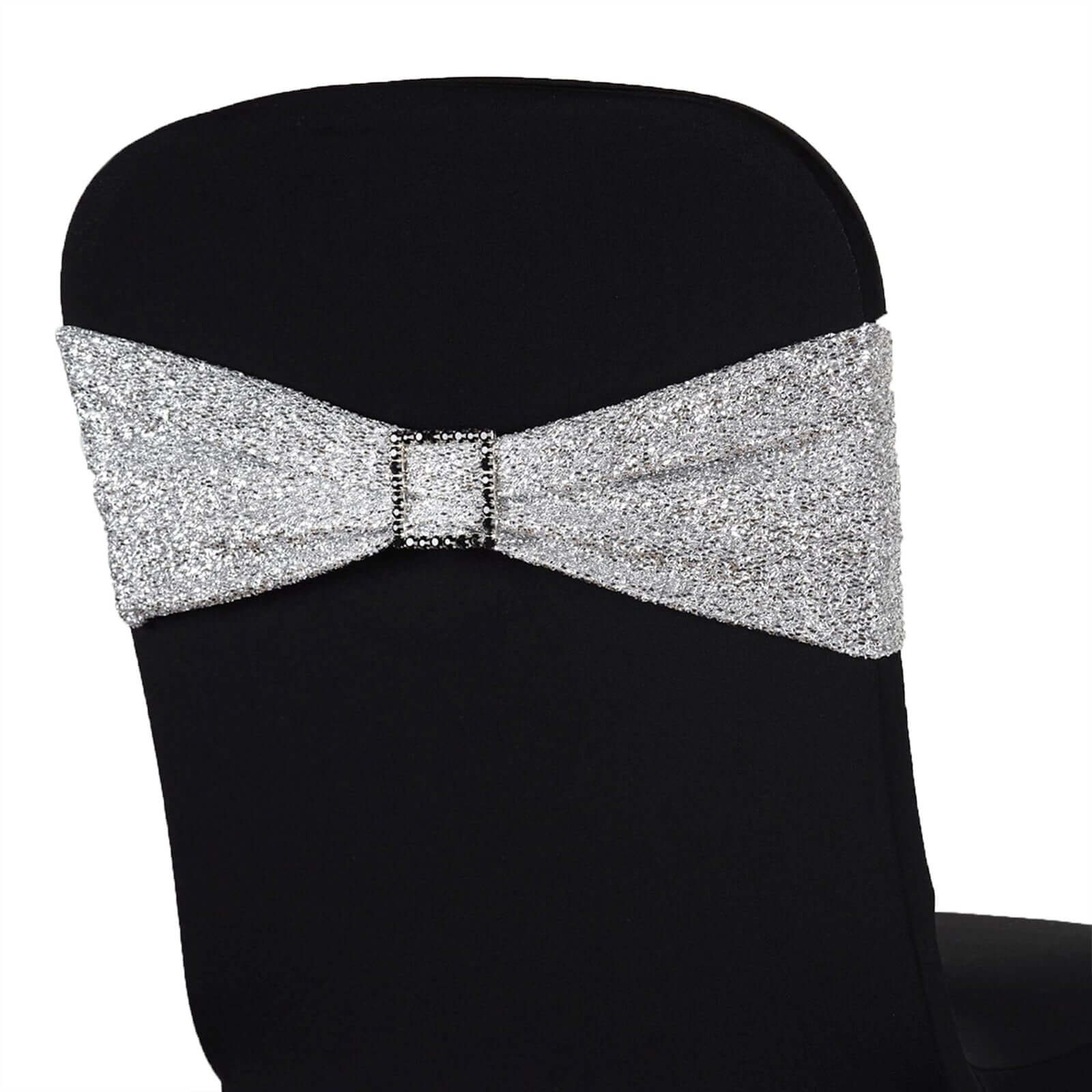 5 Pack Metallic Shimmer Tinsel Spandex Chair Sashes Silver - Durable and Reusable Stretch Chair Bands - Linen Luxes