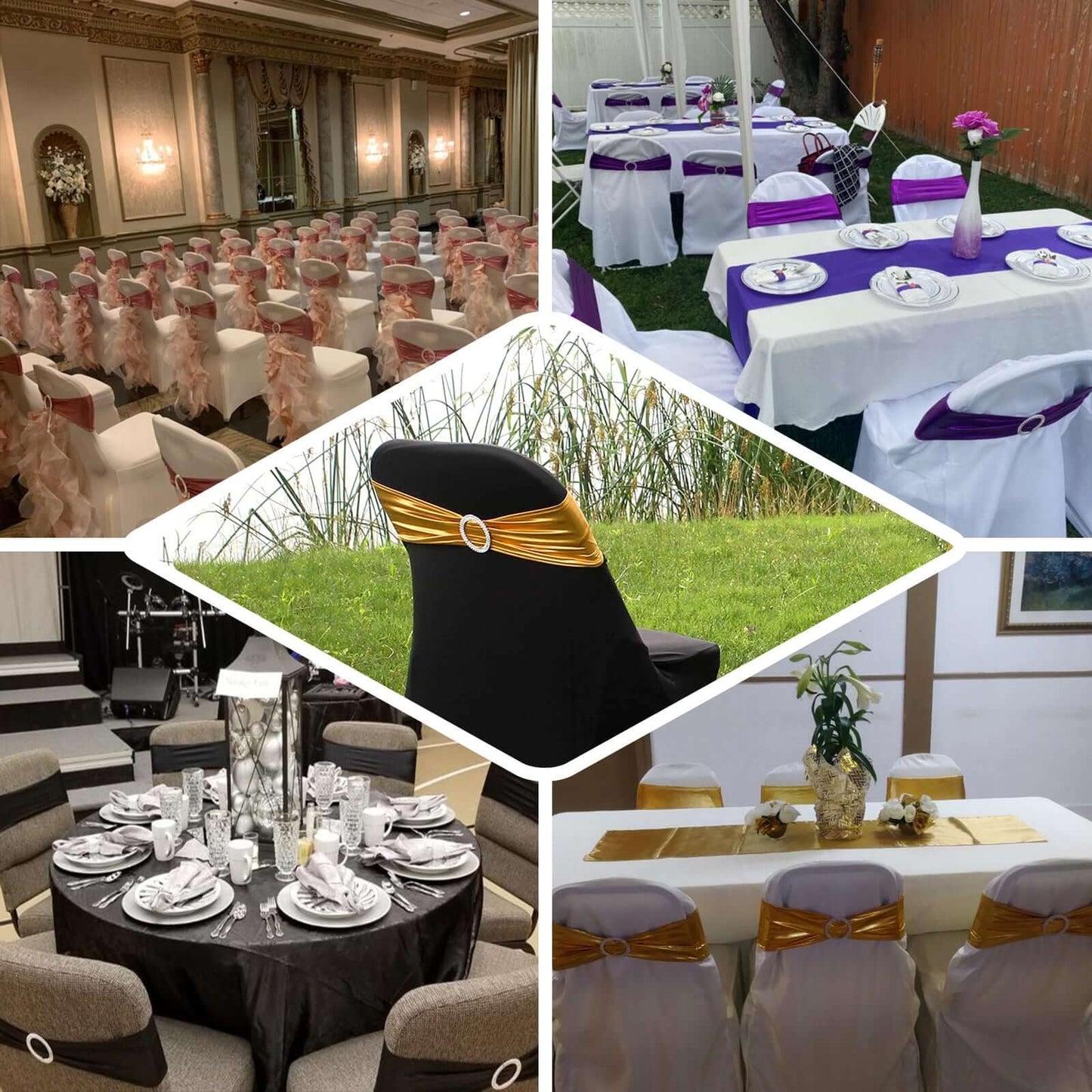 5 Pack Metallic Spandex Chair Sashes Black - Stretch Fit Chair Bands With Round Diamond Buckles for Glamorous Event Decor - Linen Luxes