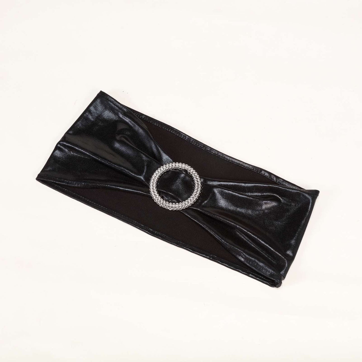 5 Pack Metallic Spandex Chair Sashes Black - Stretch Fit Chair Bands With Round Diamond Buckles for Glamorous Event Decor - Linen Luxes