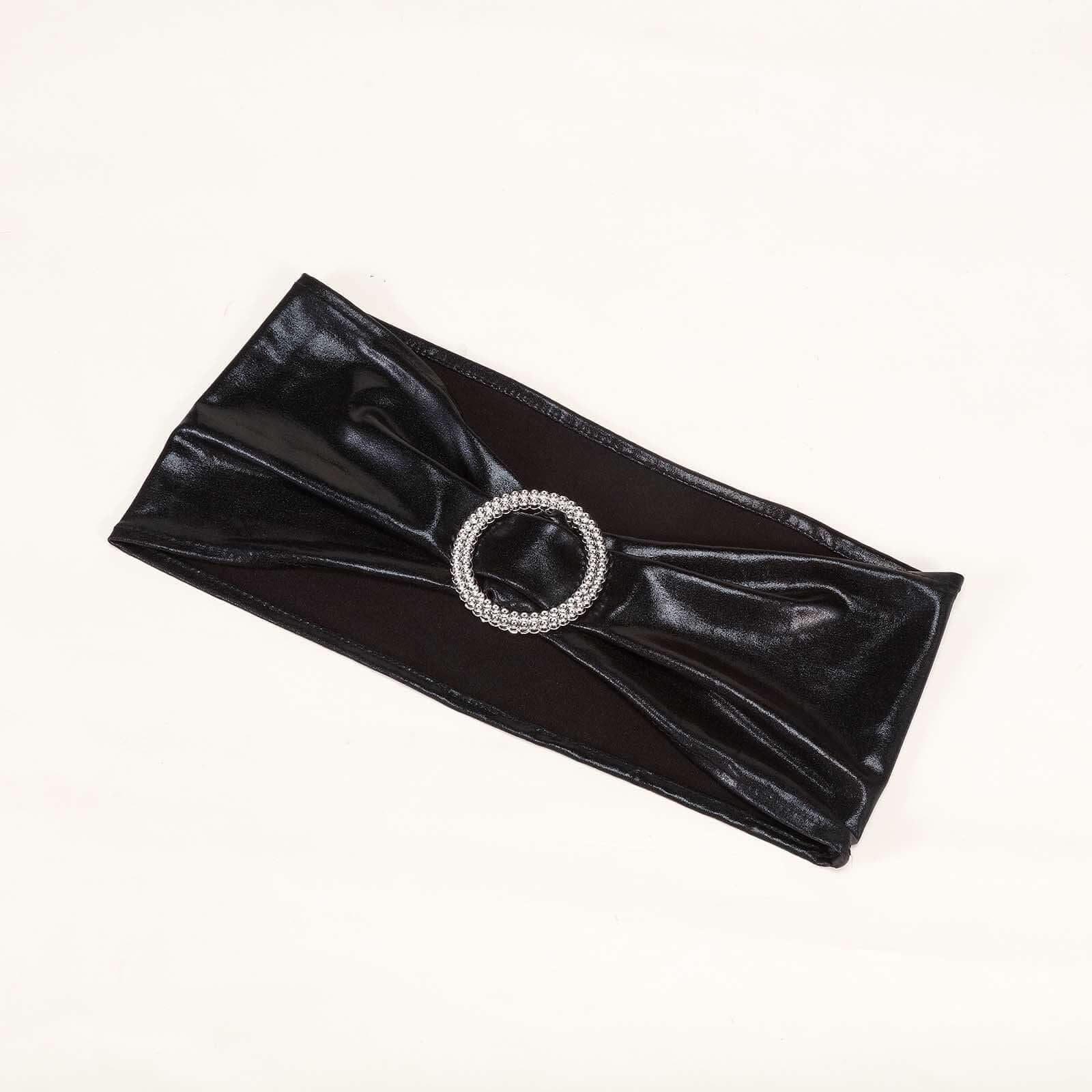 5 Pack Metallic Spandex Chair Sashes Black - Stretch Fit Chair Bands With Round Diamond Buckles for Glamorous Event Decor - Linen Luxes