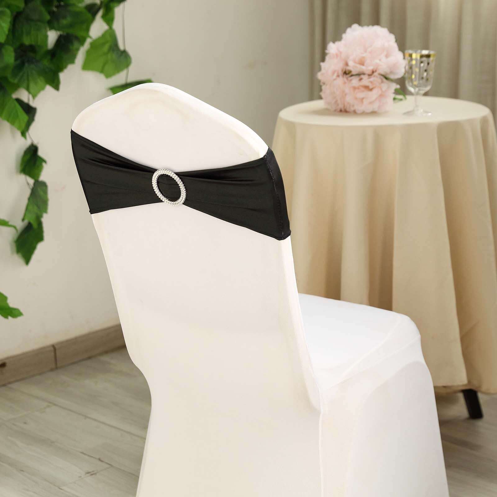 5 Pack Metallic Spandex Chair Sashes Black - Stretch Fit Chair Bands With Round Diamond Buckles for Glamorous Event Decor - Linen Luxes