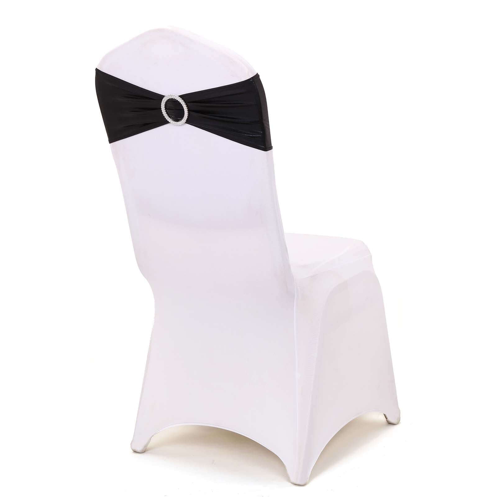 5 Pack Metallic Spandex Chair Sashes Black - Stretch Fit Chair Bands With Round Diamond Buckles for Glamorous Event Decor - Linen Luxes