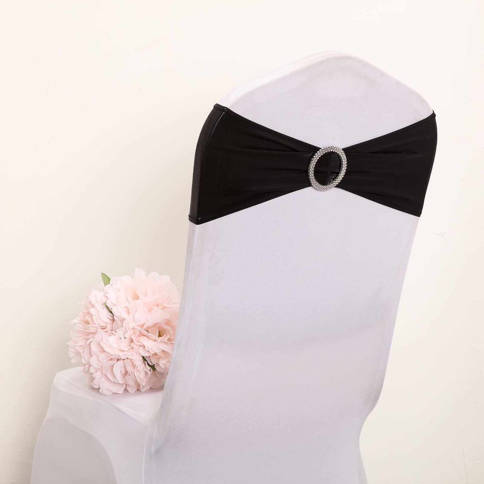 5 Pack Metallic Spandex Chair Sashes Black - Stretch Fit Chair Bands With Round Diamond Buckles for Glamorous Event Decor - Linen Luxes