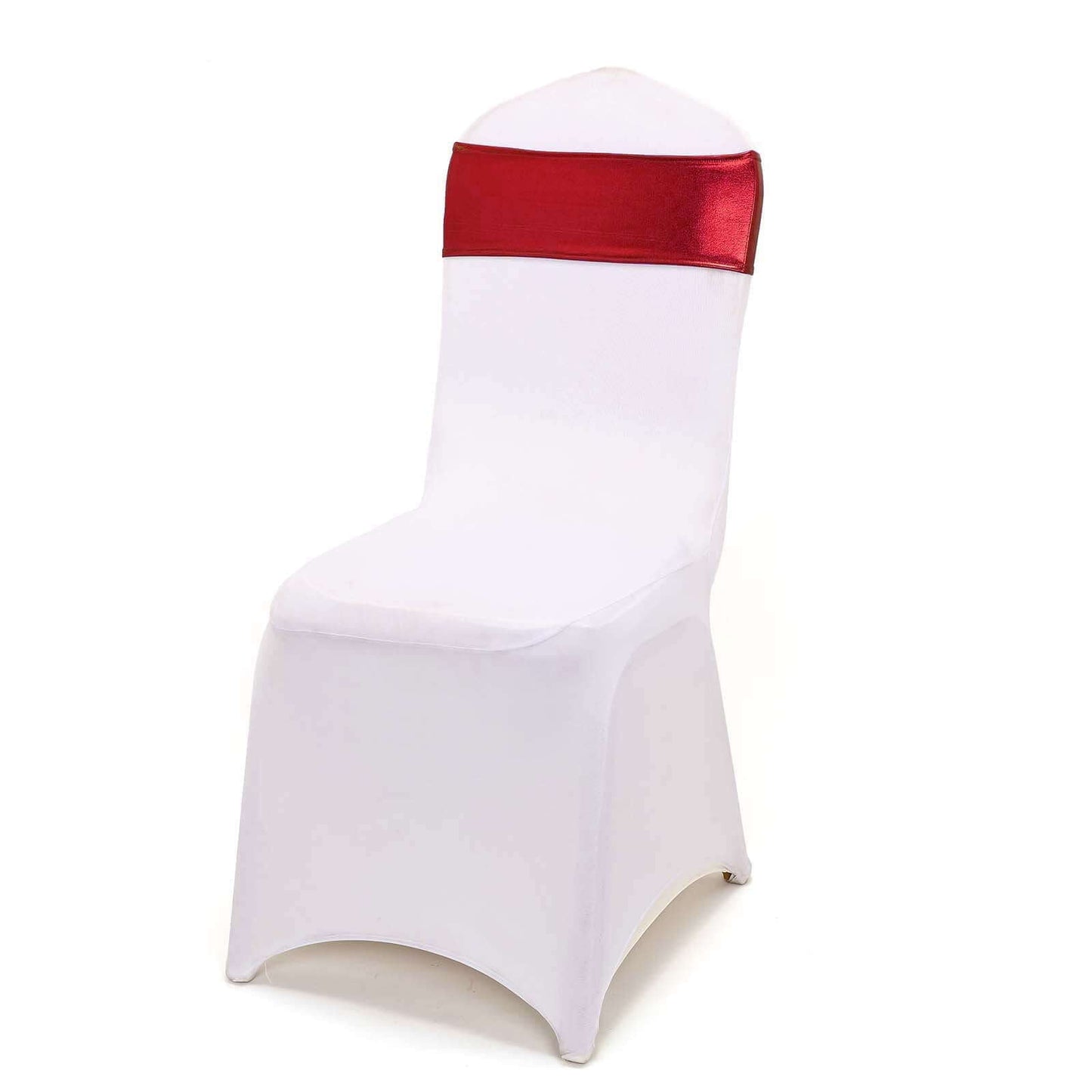 5 Pack Metallic Spandex Chair Sashes Burgundy - Stretch Fit Chair Bands With Round Diamond Buckles - Linen Luxes