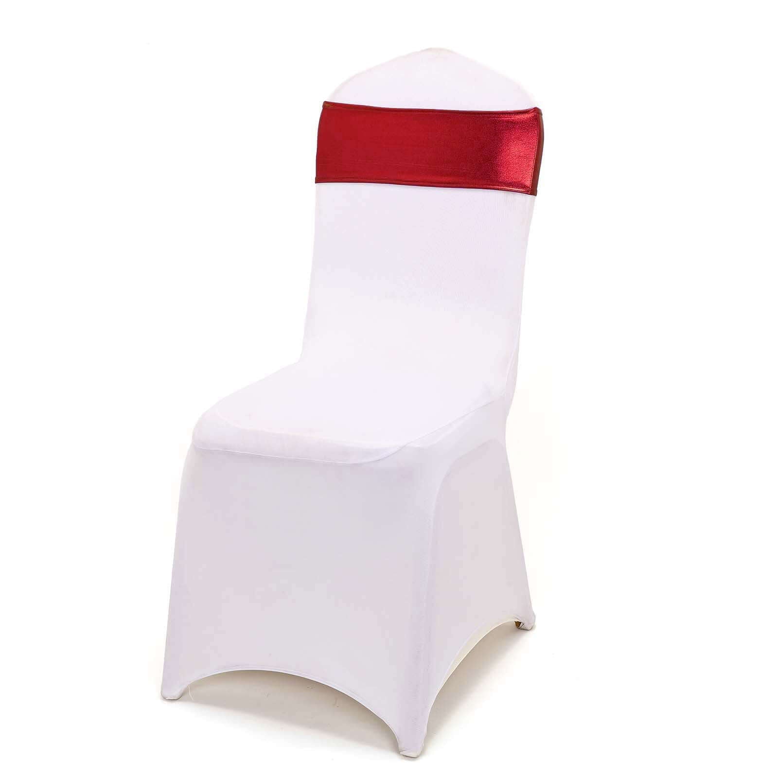5 Pack Metallic Spandex Chair Sashes Burgundy - Stretch Fit Chair Bands With Round Diamond Buckles - Linen Luxes