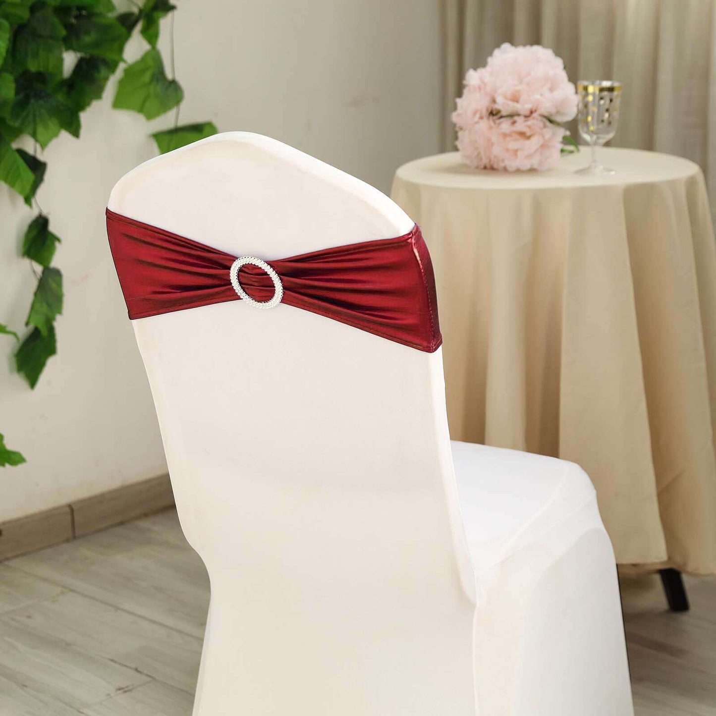5 Pack Metallic Spandex Chair Sashes Burgundy - Stretch Fit Chair Bands With Round Diamond Buckles - Linen Luxes