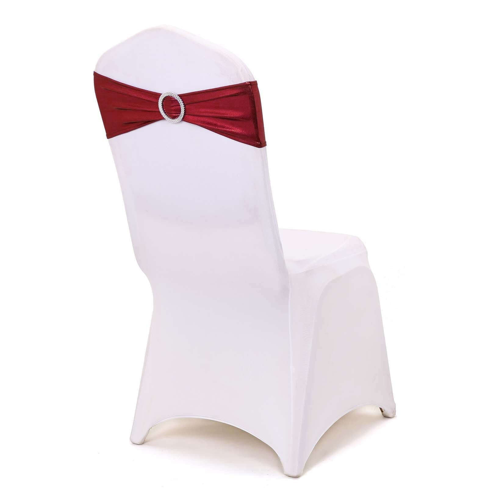 5 Pack Metallic Spandex Chair Sashes Burgundy - Stretch Fit Chair Bands With Round Diamond Buckles - Linen Luxes