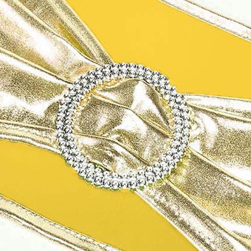 5 Pack Metallic Spandex Chair Sashes Champagne - Stretch Fit Chair Bands With Round Diamond Buckles - Linen Luxes