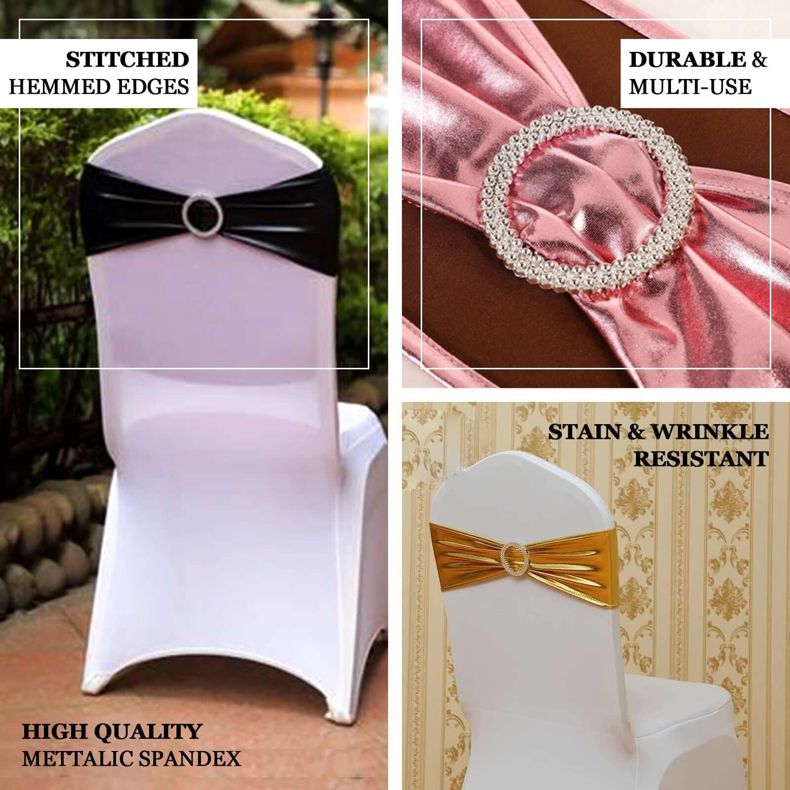 5 Pack Metallic Spandex Chair Sashes Gold - Stretch Fit Chair Bands With Round Diamond Buckles for Glamorous Event Decor - Linen Luxes