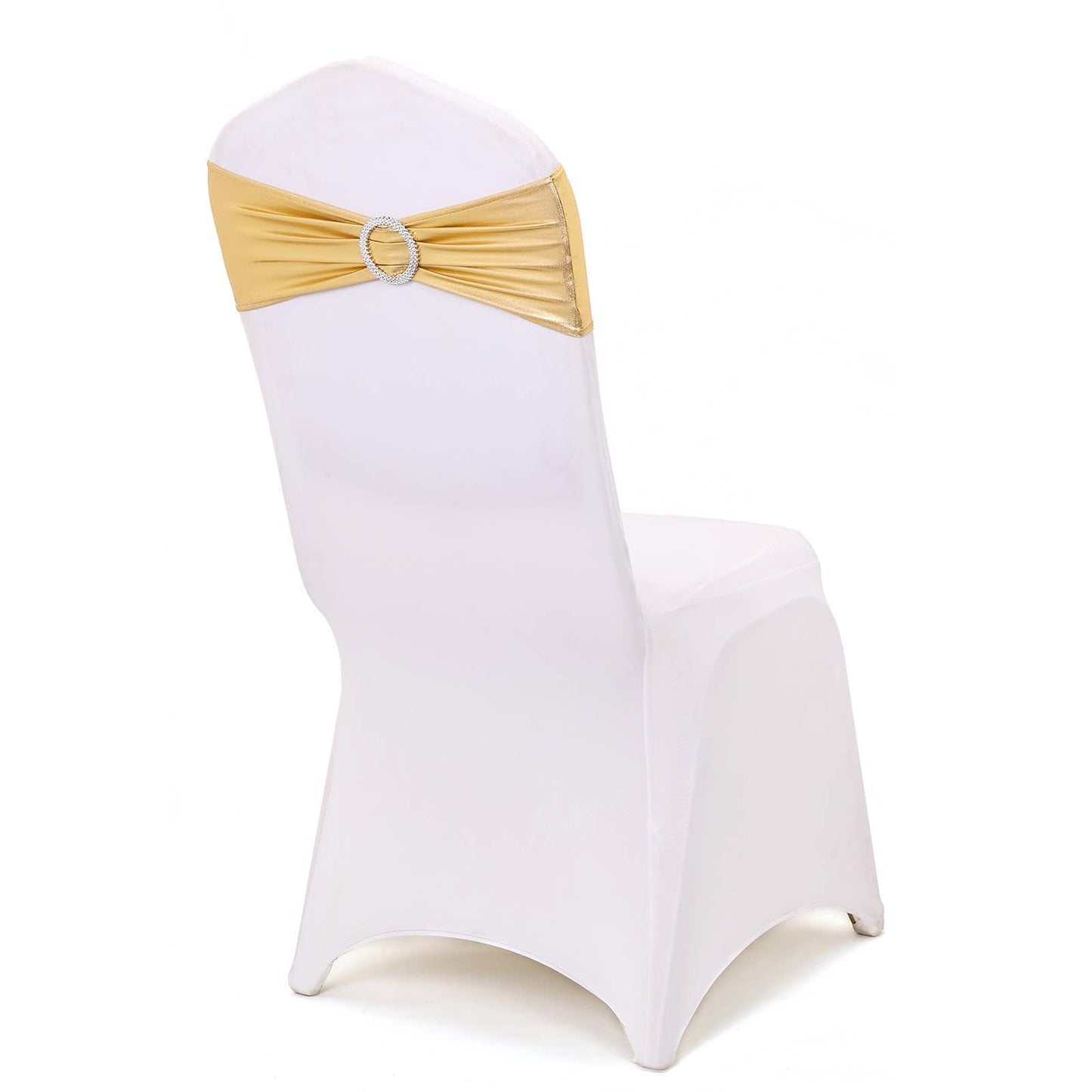 5 Pack Metallic Spandex Chair Sashes Gold - Stretch Fit Chair Bands With Round Diamond Buckles for Glamorous Event Decor - Linen Luxes