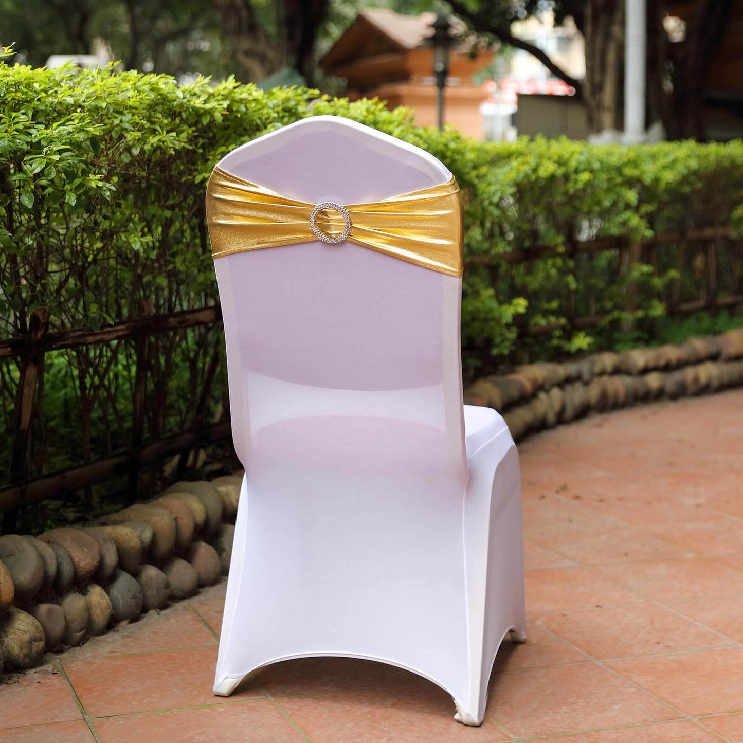 5 Pack Metallic Spandex Chair Sashes Gold - Stretch Fit Chair Bands With Round Diamond Buckles for Glamorous Event Decor - Linen Luxes