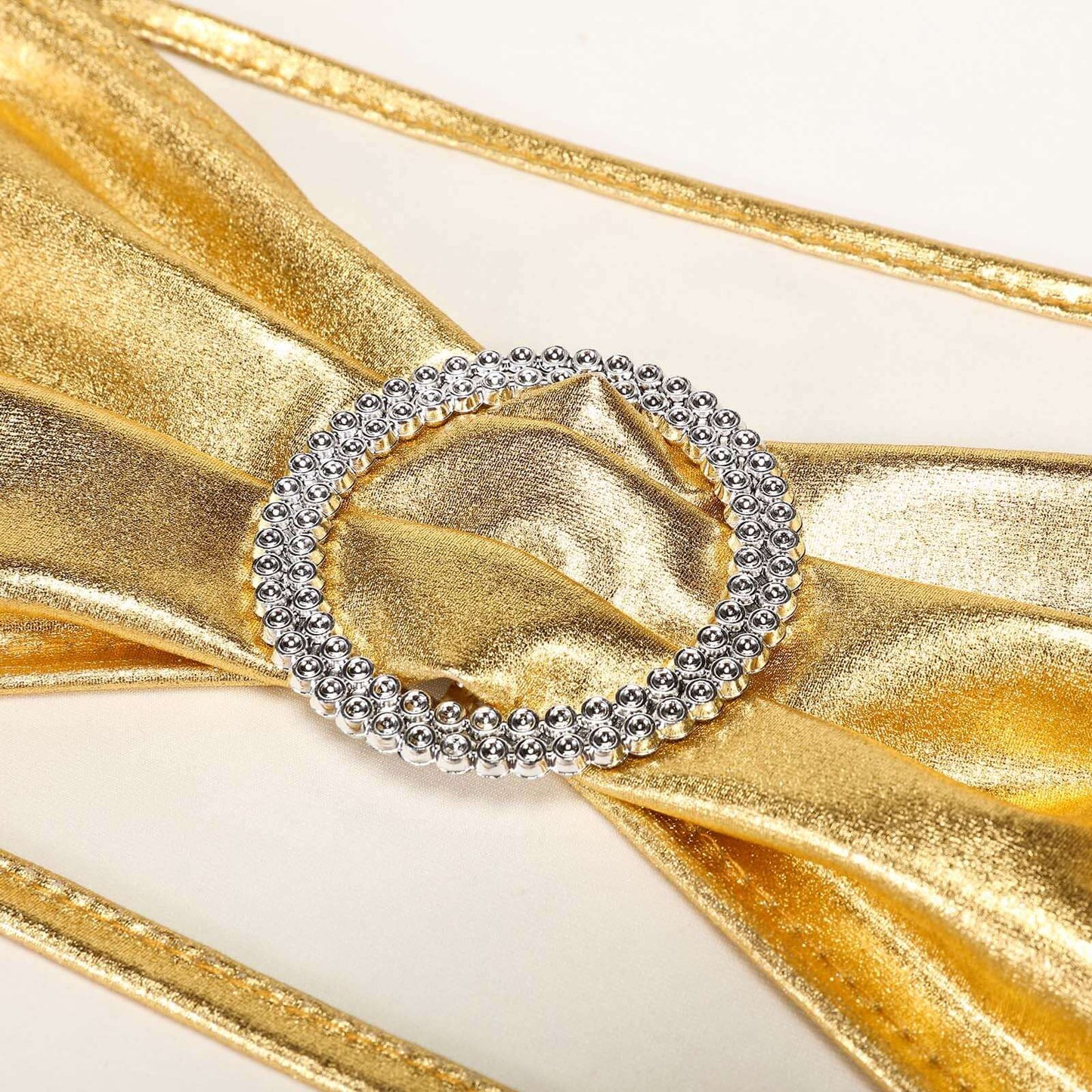 5 Pack Metallic Spandex Chair Sashes Gold - Stretch Fit Chair Bands With Round Diamond Buckles for Glamorous Event Decor - Linen Luxes